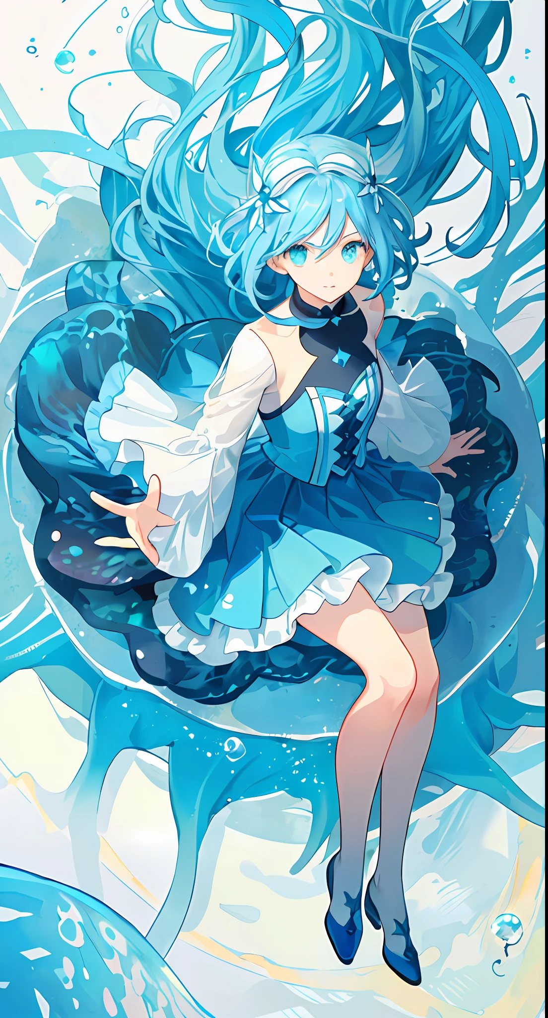 ((masterpiece, top quality)), (negative space: 1.2), (1 girl, solo: 1.4), beautiful detailed eyes, beautiful finger shape, correct body orientation, floating hair, underwater, bubbles, fish, (jellyfish), fluorescent, sea turtle, seaweed,