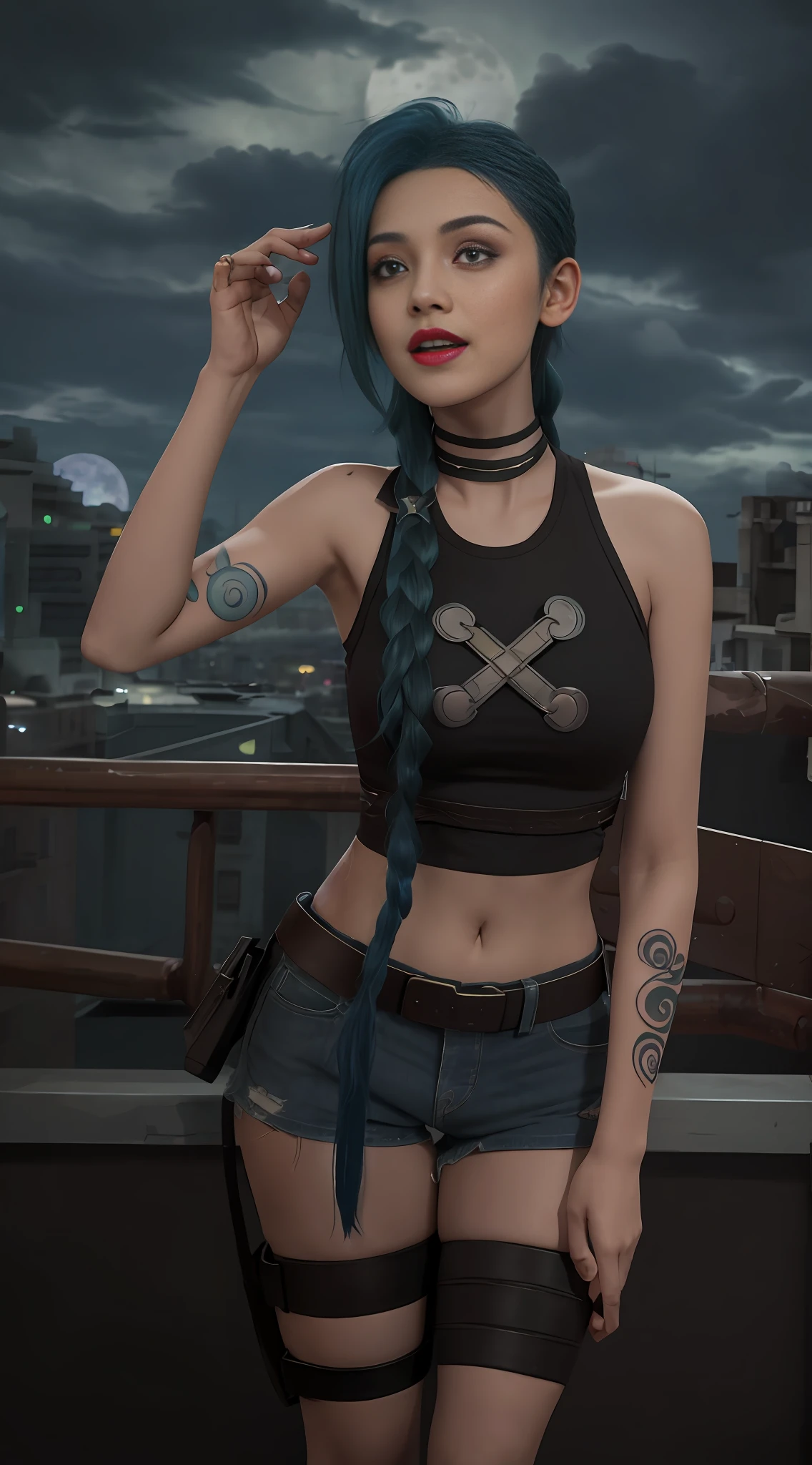 Arcane style, 1girl, arm tattoo, asymmetrical bangs, bangs, blue hair, braids, brown shirt, cloud tattoo, looking at the audience, laughing, crazy, uncontrollable laughter, crazy look, night, city, green hair, long hair, mid-abdomen, pink eyes, red lips, shirt, solo, standing, tattoo, double braid, upper body, arcane doom, moon, moon with moon in background, doom \ (League of Legends)