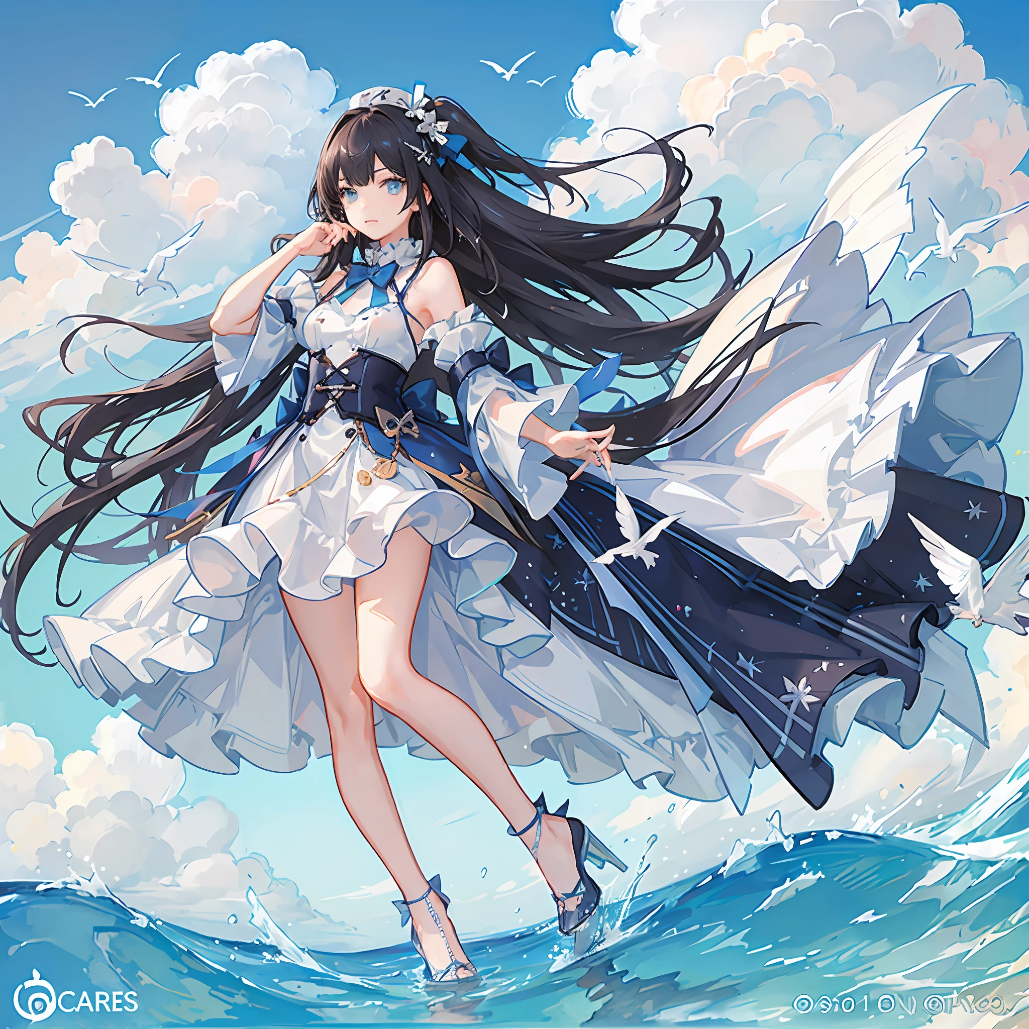 (((masterpiece))), (((best quality))), ((ultra-detailed)), (illustration), (1 girl), (solo), ((an extremely delicate and beautiful)), little girl, ((beautiful detailed sky)), beautiful detailed eyes, side blunt bangs, hairs between eyes, ribbons, bowties, buttons, bare shoulders, (small breast), blank stare, pleated skirt, close to viewer, ((breeze)), Flying splashes,  Flying petals, wind