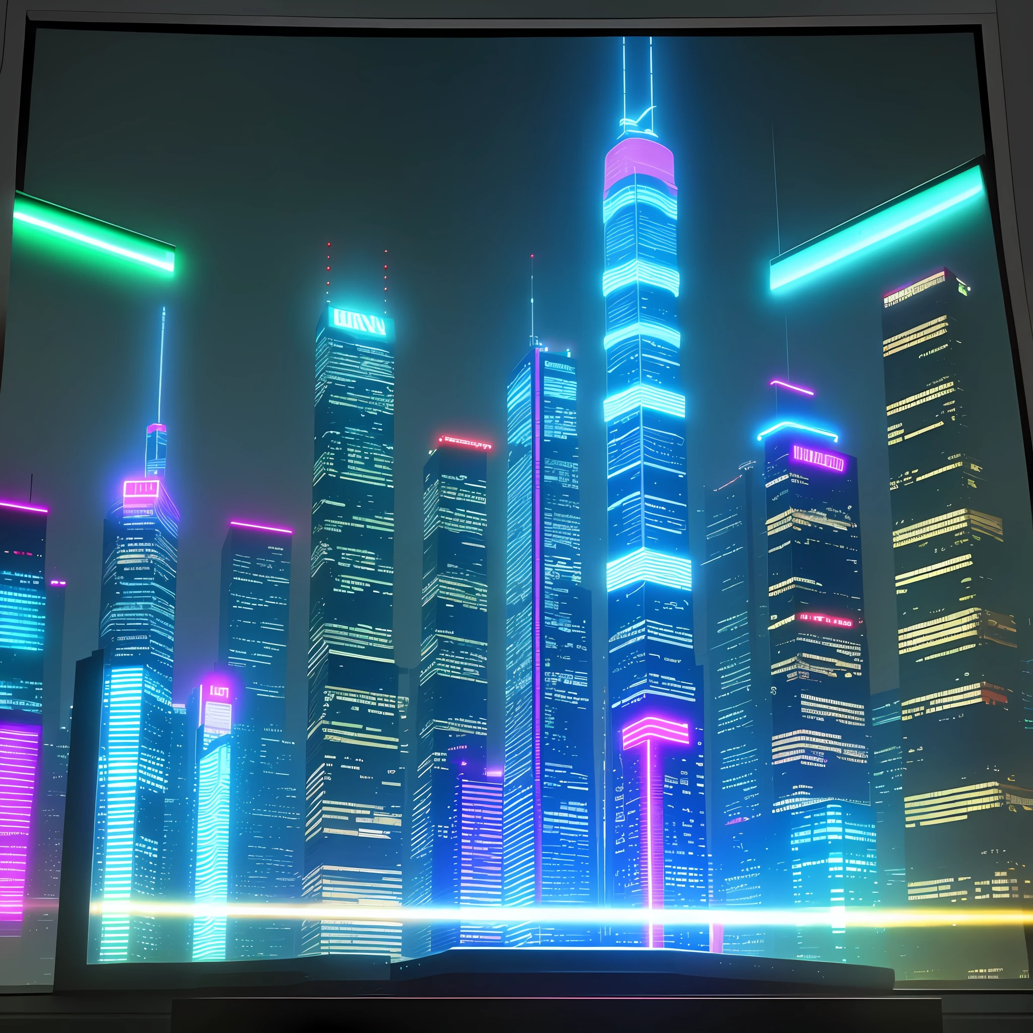TV monitor in building skyscraper night view big city big city cyberpunk utopia top quality ultra high definition neon lights up from the rooftop