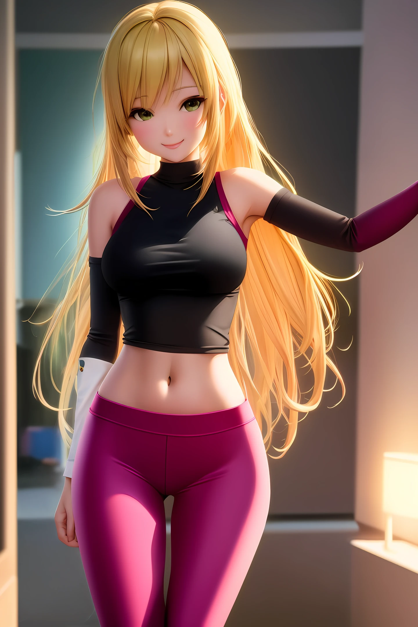 extra realistic colorful detail photography ,pretty petite anime woman named Million Dollar Babes,smile , blonde hair ,extra fantasy petite body , super thin small waist ,yoga pants ,tight shirt ,cute cartoon Character slam body proportions ,realistic style photography ,octane rendering ,intricate soft light,extra texture ,erotix ,Navel exposed,living
room background