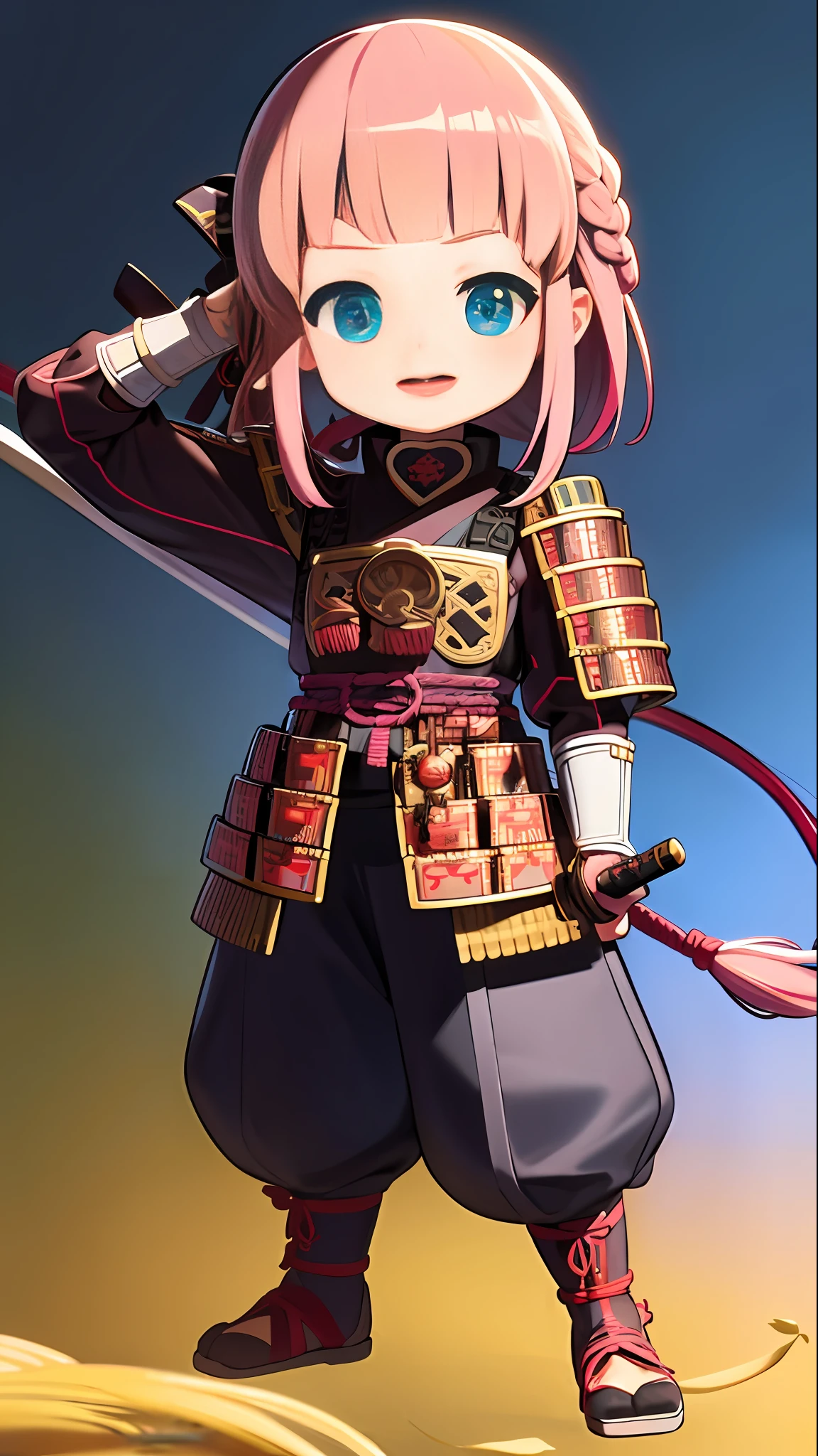 Japan, Sengoku period, girl, helmet, armor, holding a gunbai, night, horseback riding, samurai, pink hair, braid, cute, , kyoto, honnoji, front, angle from below, nio standing, full body, cute girl, (iridiochromia, light blue eyes and light green eyes), solo, standing figure, sword holding in right hand happy, :d, masterpiece, top quality, absurdity, high resolution, official art, (cute : 1.8), ((Chibi Character: 1.5)), (Pink braid, cute hair ribbon), Serious face, Big, Show off
