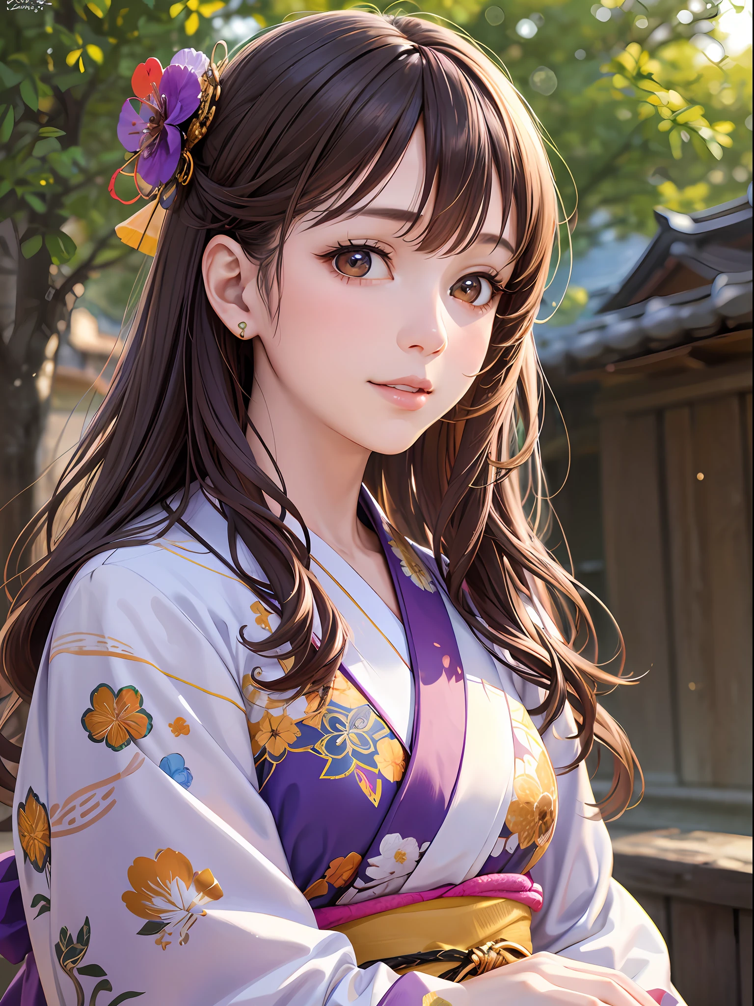 Masterpiece, Best Quality, Art, Art, Very Realistic, Smile, Soft Expression, Delicate Expression, Realistic Human, Upper Body, Eyes Frontal, Beautiful and Aesthetic: 1.9, Very Detailed, Colorful, Maximum Detail, Clear Lines, Delicate Hair, Delicate Skin Texture, Realistic Skin Texture, Skin Glossy, Adult Woman, Light Mixed, Playful Pattern, Realistic Texture, Lively Texture, Bewitching, Delicate texture, rich color, brown hair, orange eyes, bunched hair, light blue yukata, purple obi, kanzashi, coolness, colorful colors, unique visual effects, simple background, Kyoto in summer, soft sunlight