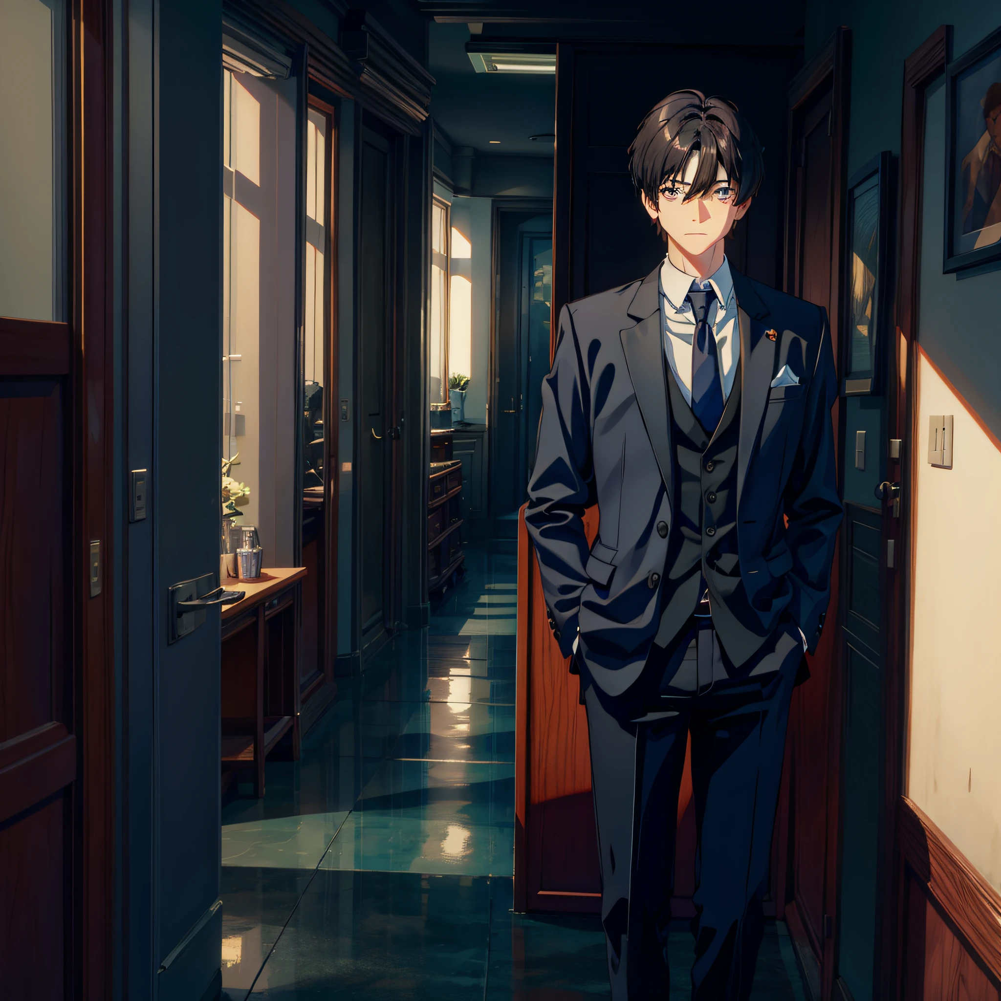 Male, short black hair, fine eyes, suit, sad, inside the room, single, bust, looking at the audience