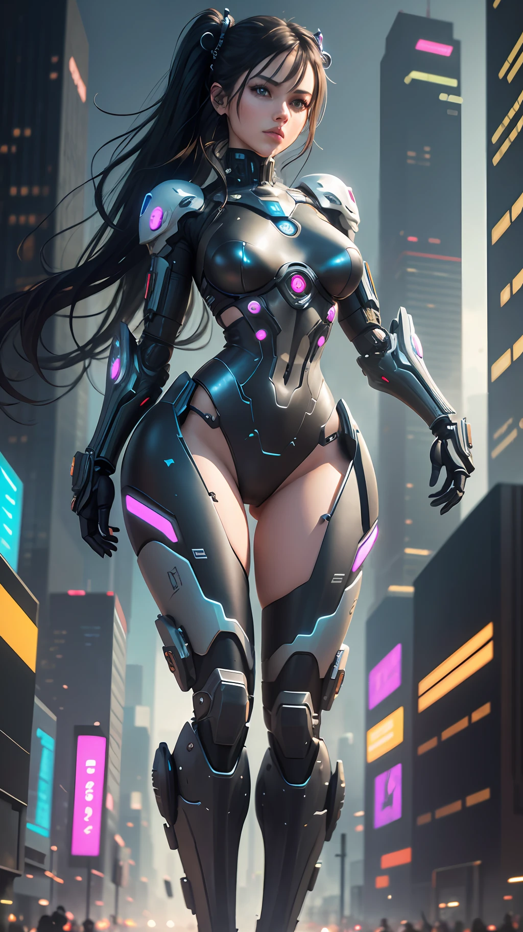 Complex 3d rendering very detailed beautiful ceramic silhouette female robot full body, robot parts, body exposed metal circuit lines, wide-angle lens, cyberpunk style, royal sister, dynamic eyes, mechanical arm, holding weapons, science fiction, mechanical armor detailed portrayal, cyberpunk style city, delicate girl face meticulously portrayed face, flowing long black hair floating in the air, futuristic city, sci-fi sense, battlefield fighting, --auto --s2