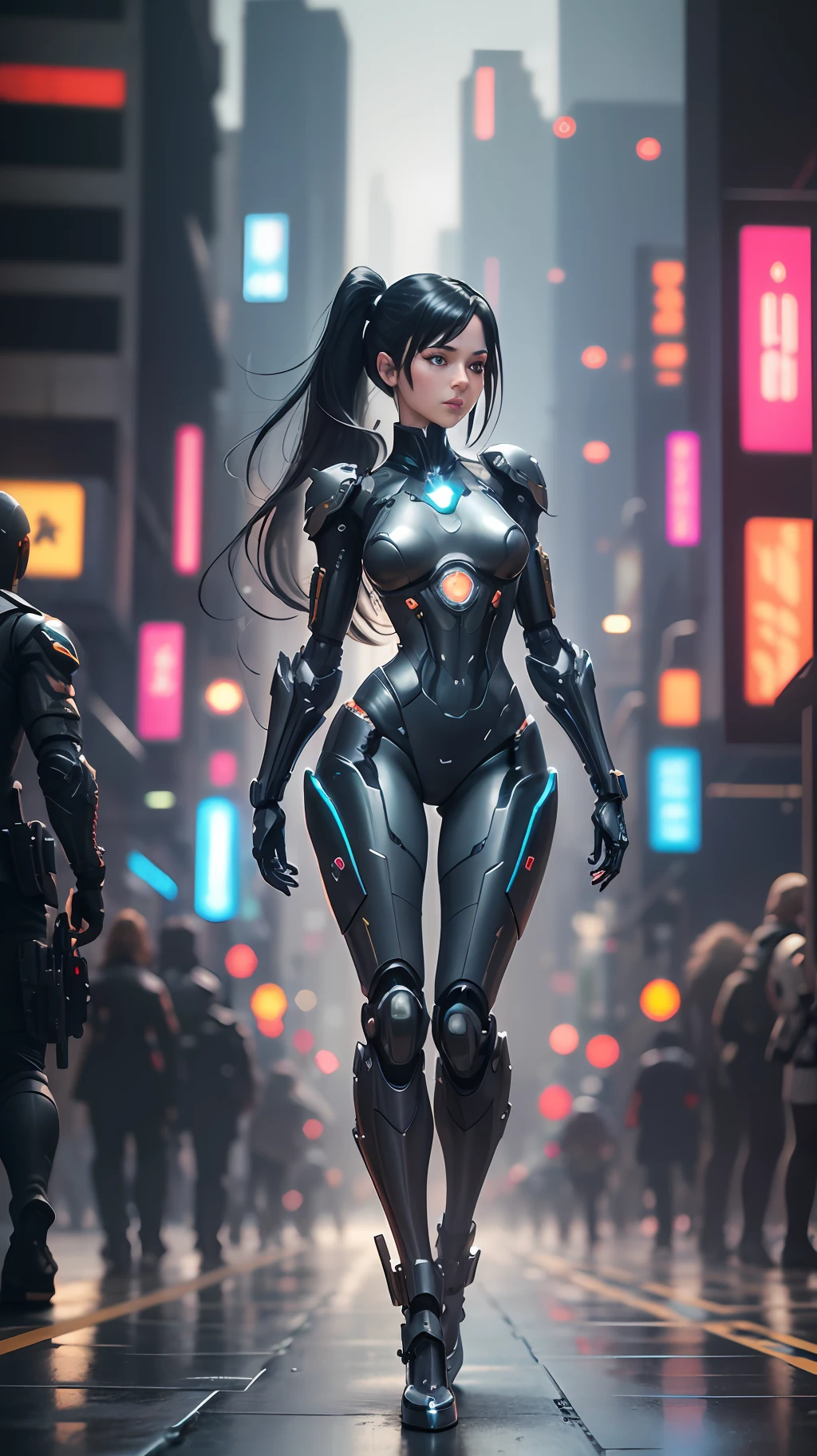 Complex 3d rendering very detailed beautiful ceramic silhouette female robot full body, robot parts, body exposed metal circuit lines, wide-angle lens, cyberpunk style, royal sister, dynamic eyes, mechanical arm, holding weapons, science fiction, mechanical armor detailed portrayal, cyberpunk style city, delicate girl face meticulously portrayed face, flowing long black hair floating in the air, futuristic city, sci-fi sense, battlefield fighting, --auto --s2