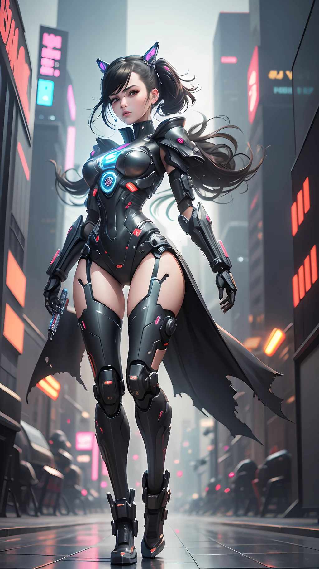 Complex 3d rendering very detailed beautiful ceramic silhouette female robot full body, robot parts, body exposed metal circuit lines, wide-angle lens, cyberpunk style, royal sister, dynamic eyes, mechanical arm, holding weapons, science fiction, mechanical armor detailed portrayal, cyberpunk style city, delicate girl face meticulously portrayed face, flowing long black hair floating in the air, futuristic city, sci-fi sense, battlefield fighting, --auto --s2