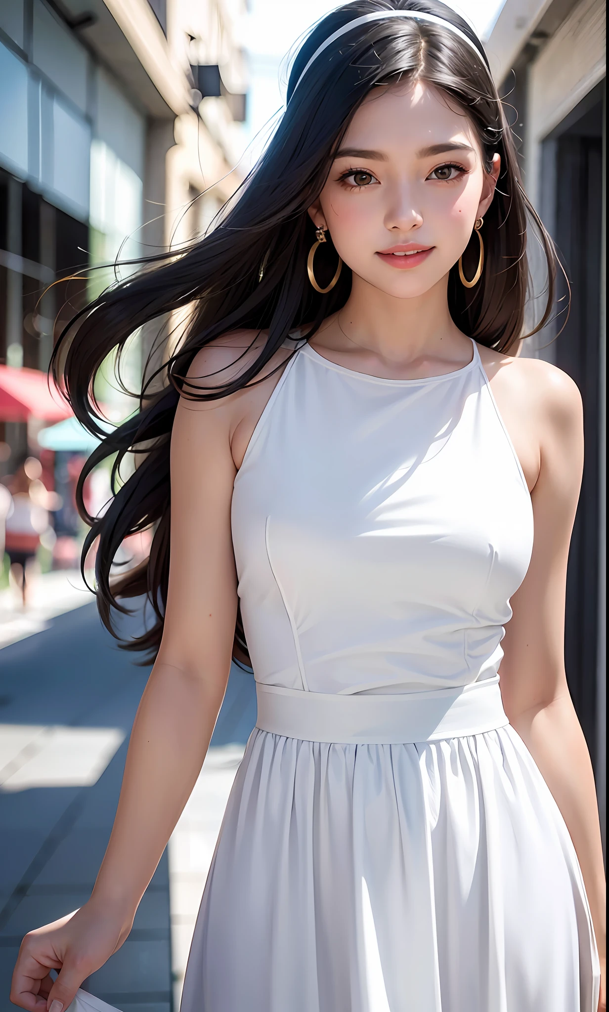 (8k, RAW photos, best quality, High resolution: 1.1), (surreal: 1.4), (realistic, realistic: 1.3), soft light, girl, realistic face, realistic body, realistic skin, absurdity, masterpiece, (cute: 1.8), cute, solo, (: 1.2), detailed black eyes, innocent eyes, blush, lady, oversized bust, (white long dress: 1.2), movie lights, film grain, jewelry, earrings, ((medium hair: 1.1)), (floating hair nova frog style)), cherry lips, headband, hair bow, ponytail, viewer, long hair, open lips, upper teeth, (smiling eyes: 0.6 ), ((grin: 1.2)), depth of field, blurred background, eye focus, bokeh, youth, 85mm lens, f/1.4, professional lighting, youth, photon mapping, radiosity, physically based rendering, braless