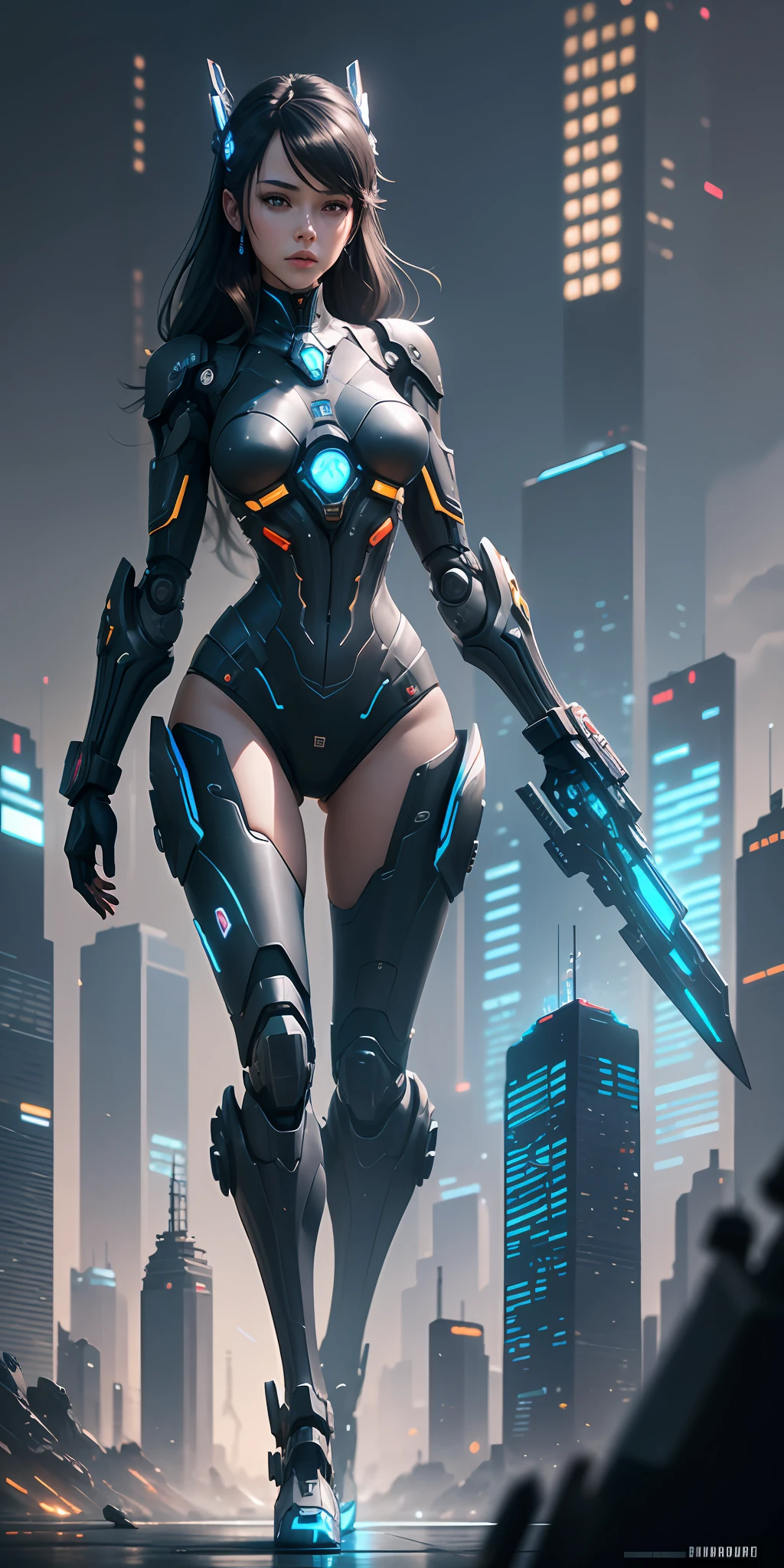 Complex 3d rendering very detailed beautiful ceramic silhouette female robot full body, holding weapons, robots, robot parts, highlighting mechanical world, wide angle lens, cyberpunk painting style, royal sister, dynamic eyes, sad eyes, mechanical arm, battleship far, sci-fi, sky lightning and thunder, mechanical warframe detailed portrayal, cyberpunk style city, delicate girl face meticulously portrayed face, flowing long black hair fluttering in the air, dark blue, futuristic city, sci-fi sense --auto --s2