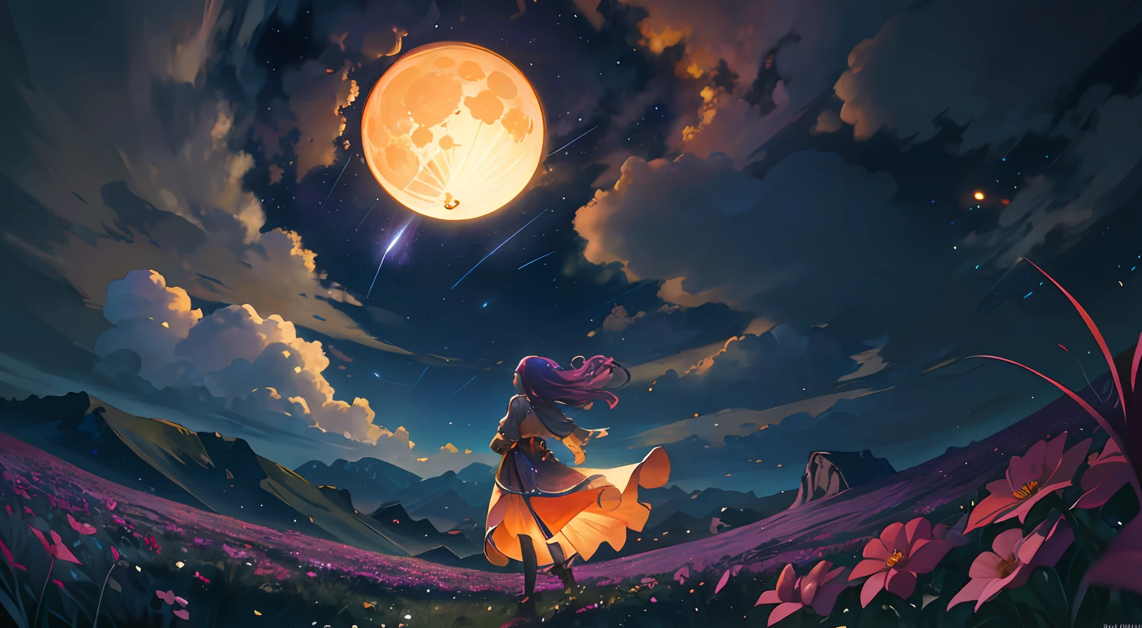 Vast landscape photo, (viewed from below, the sky is above and the open field is below), a girl standing on a flower field looking up, (full moon: 1.2), (meteor: 0.9), (nebula: 1.3), distant mountains , Trees BREAK Crafting Art, (Warm Light: 1.2), (Fireflies: 1.2), Lights, Lots of Purple and Orange, Intricate Details, Volumetric Lighting, Realism BREAK (Masterpiece: 1.2), (Best Quality), 4k, Ultra-Detailed, (Dynamic Composition: 1.4), Very Detailed, Colorful Details, (Rainbow Colors: 1.2), (Glow Lighting, Atmospheric Lighting), Dreamy, Magical, (Solo: 1.2)