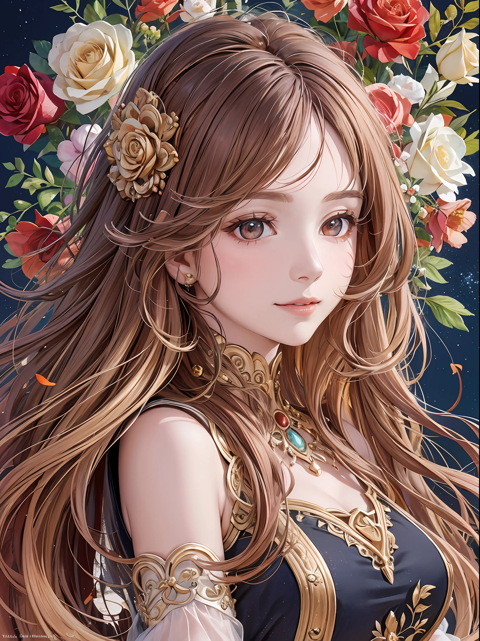 Masterpiece, Best Quality, Art, Art, Very Realistic, Smile, Soft Expression, Delicate Expression, Realistic Human, Upper Body, Eyes Frontal, Beautiful and Aesthetic: 1.9, Very Detailed, Colorful, Best Detailed, Clear Lines, Delicate Hair, Delicate Skin Texture, Realistic Skin Texture, Mature Woman, Light Mixed, Playful Pattern, Realistic Texture, Lively Texture, Bewitching, Delicate Texture, rich colors, rose hair ornament, bouquet of roses, bell line dress, orange eyes, long hair, variegated colors, unique visual effects, red and white roses on background, sunshine
