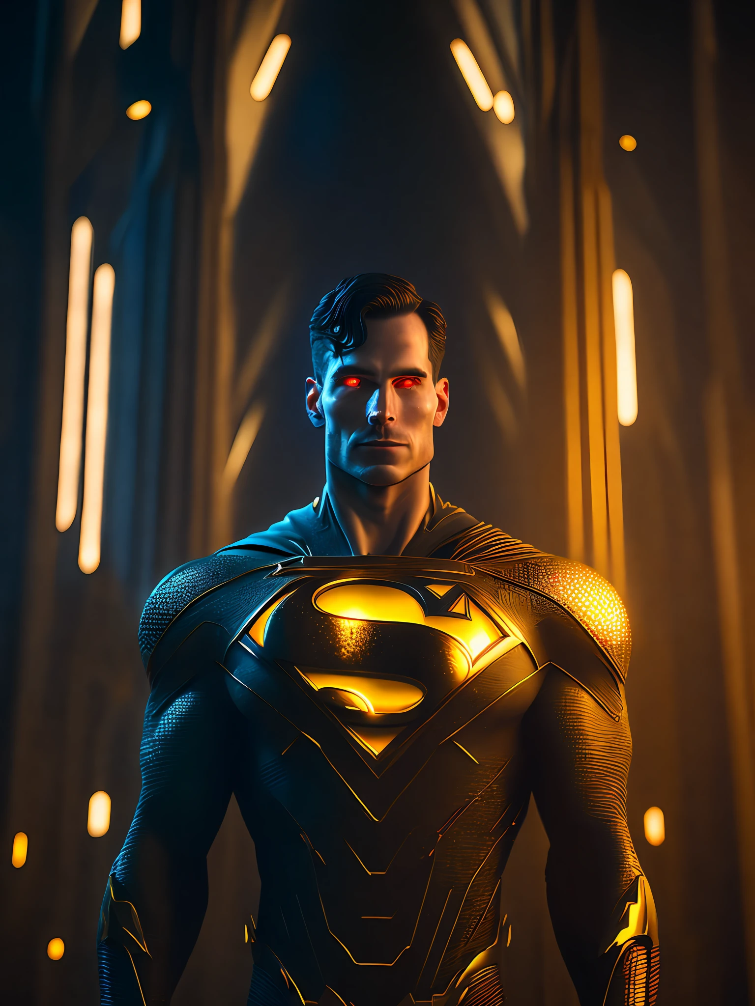 a somber portrait of Gold Superman from DC Comics with intricate angular cybernetic implants inside a brutalist building, a gothic brutalist cathedral, cyberpunk, award-winning photos, bokeh, neon lights, cybernetic limb
