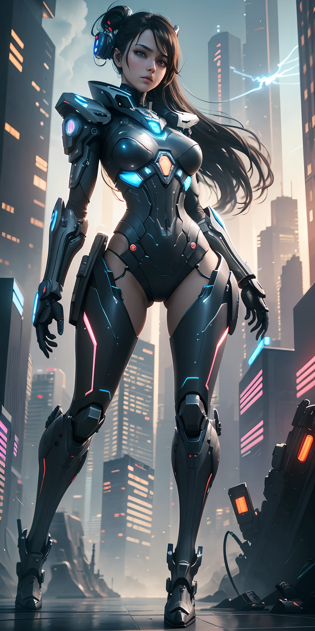 Complex 3d rendering very detailed beautiful ceramic silhouette female robot full body, holding weapons, robots, robot parts, highlighting mechanical world, wide angle lens, cyberpunk painting style, royal sister, dynamic eyes, sad eyes, mechanical arm, battleship far, sci-fi, sky lightning and thunder, mechanical warframe detailed portrayal, cyberpunk style city, delicate girl face meticulously portrayed face, flowing long black hair fluttering in the air, dark blue, futuristic city, sci-fi sense --auto --s2