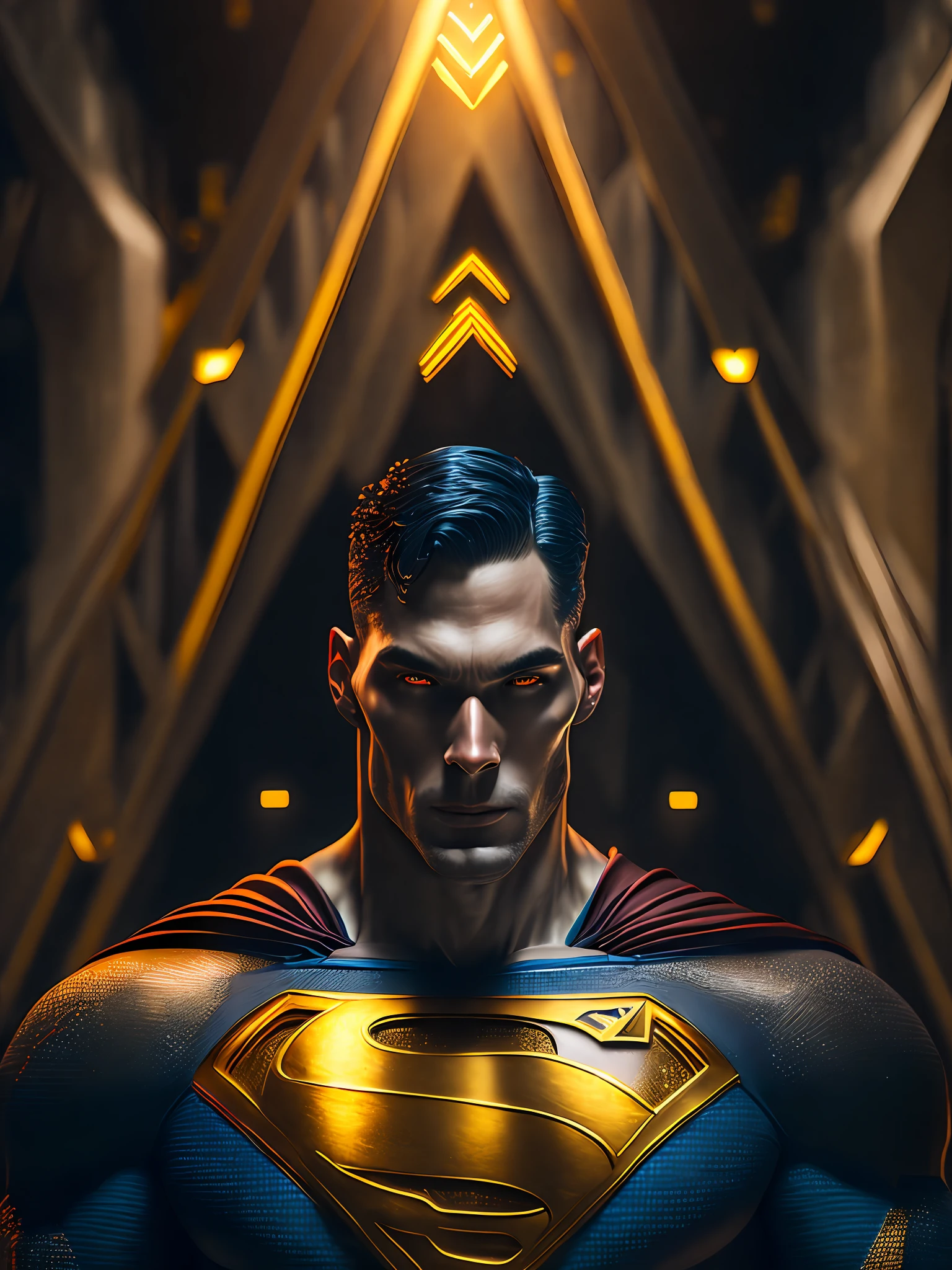 a somber portrait of Gold Superman from DC Comics with intricate angular cybernetic implants inside a brutalist building, a gothic brutalist cathedral, cyberpunk, award-winning photos, bokeh, neon lights, cybernetic limb