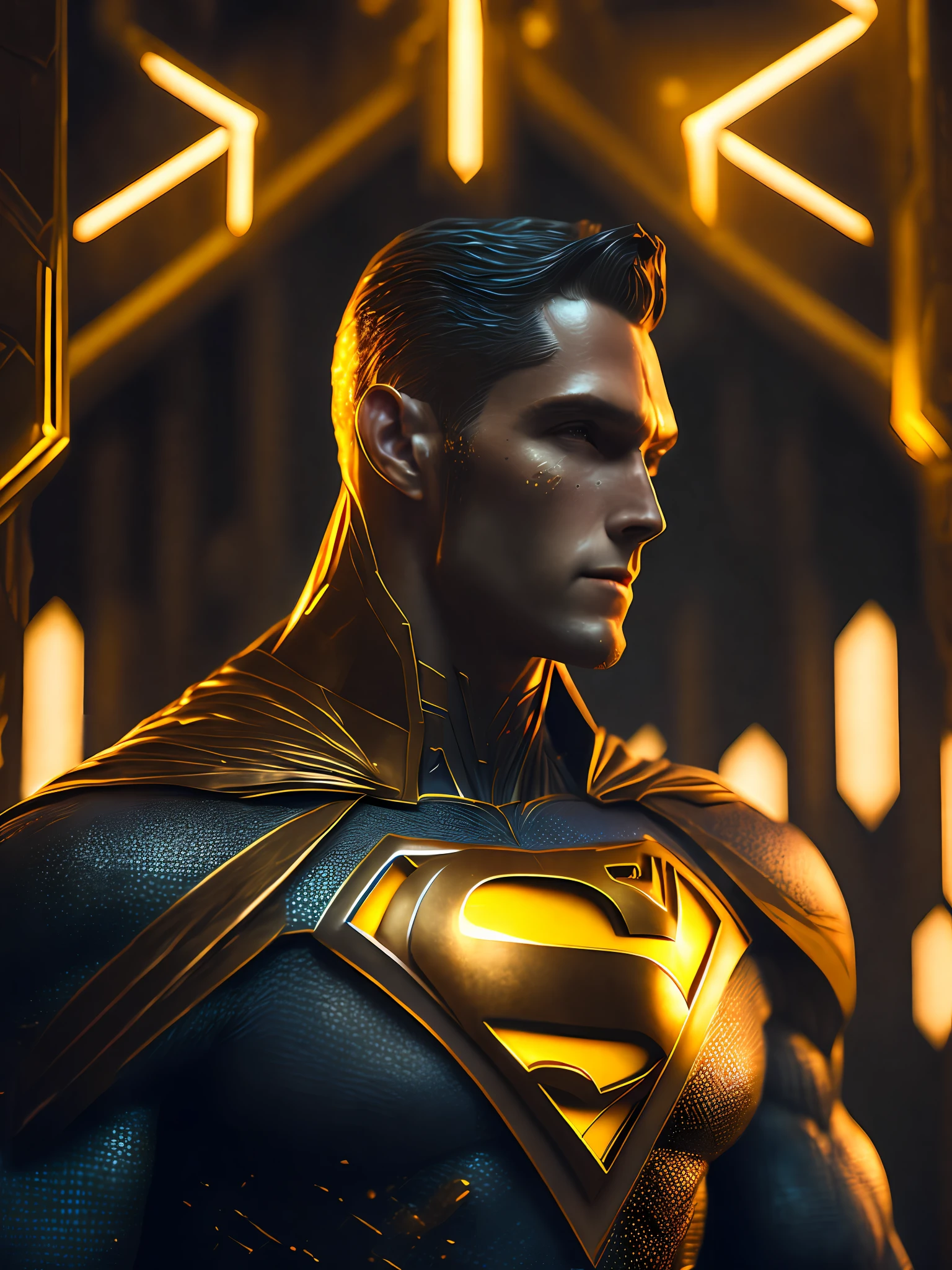 a somber portrait of Gold Superman from DC Comics with intricate angular cybernetic implants inside a brutalist building, a gothic brutalist cathedral, cyberpunk, award-winning photos, bokeh, neon lights, cybernetic limb
