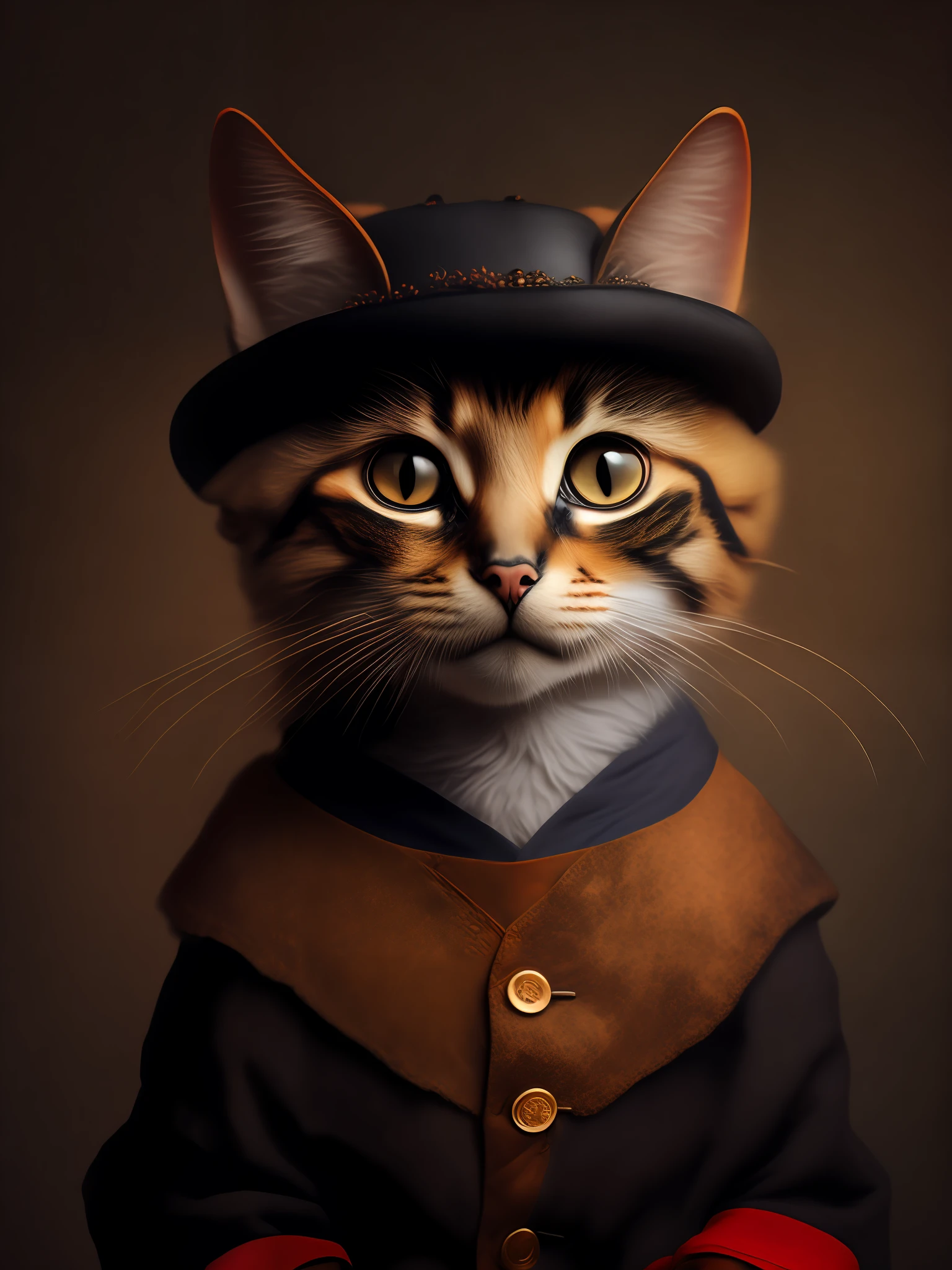 Portrait, cute cat cub wearing beefeater clothes, low light, moody