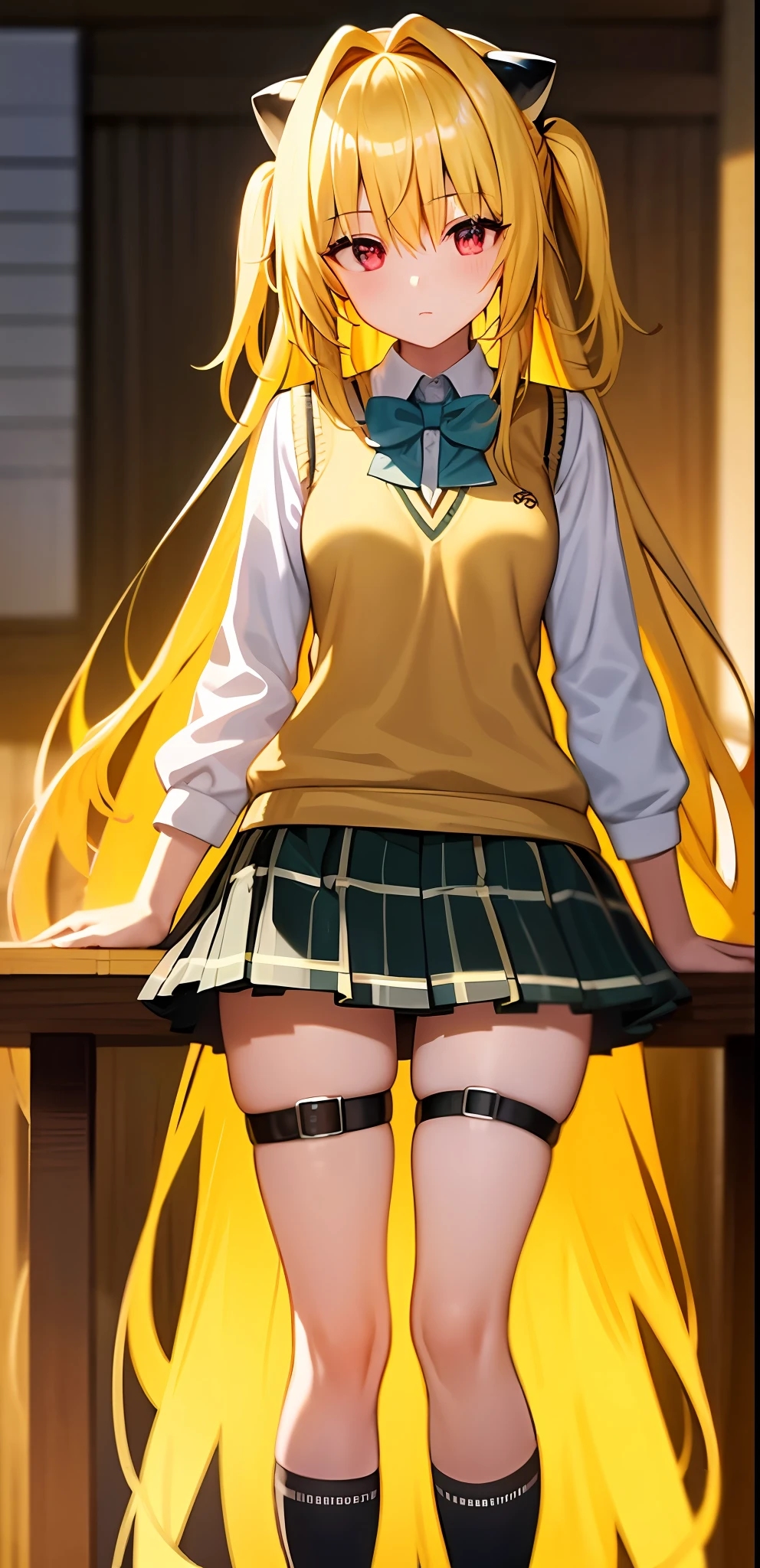 (masterpiece:1.6, best quality), (finely detailed beautiful eyes: 1.2), phyami, yamisch, 1girl, long hair, solo, school uniform, hair ornament, hair between eyes, two side up, blonde hair, very long hair, skirt, red eyes, thigh strap, sweater vest, plaid skirt, plaid, socks, two side up, hair ornament, pleated skirt, kneehighs, medium breast
,