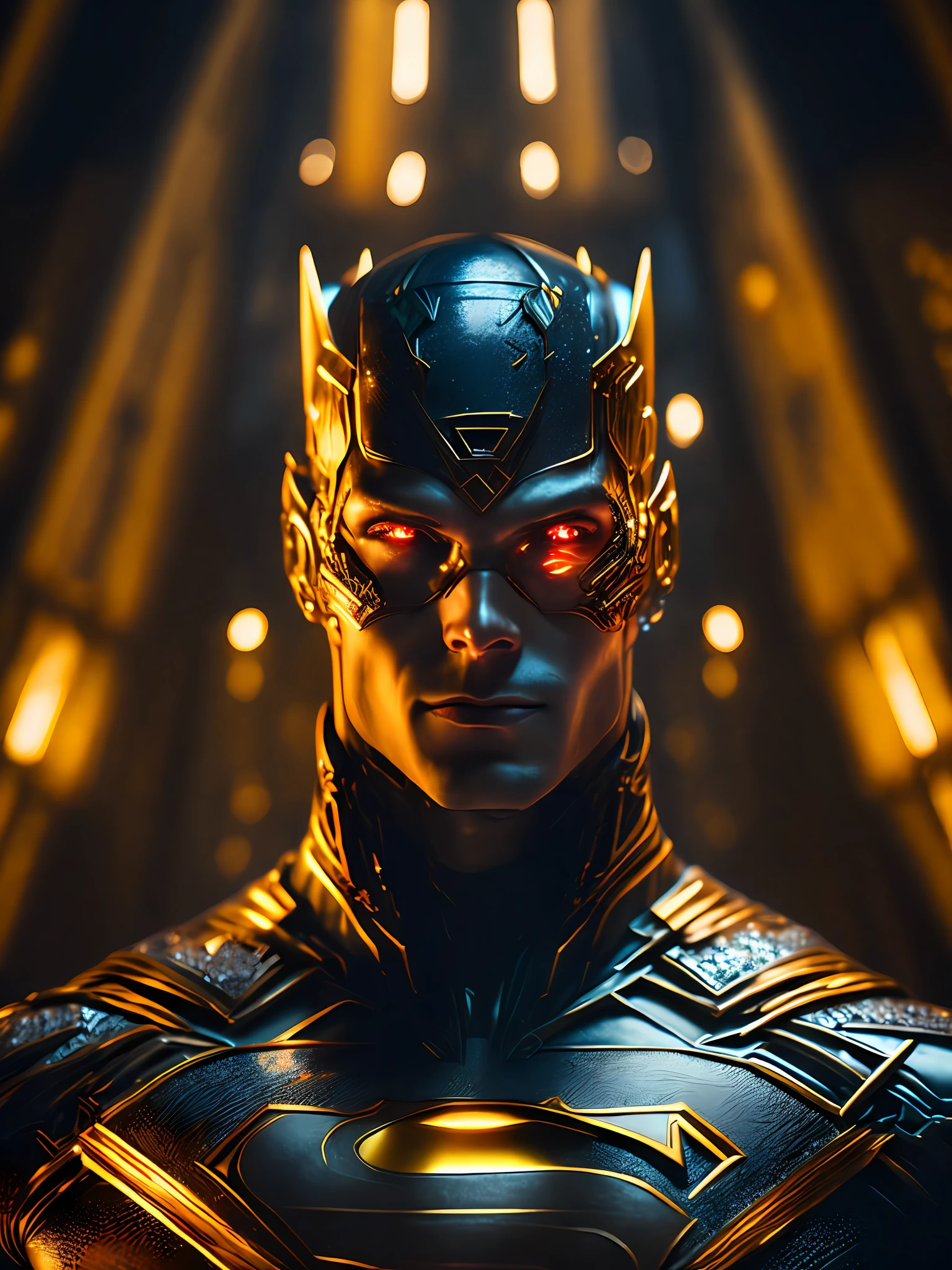 dark portrait of Gold Cyborg Superman from DC Comics with intricate angular cybernetic implants inside a brutalist building, gothic brutalist cathedral, cyberpunk, award-winning photo, bokeh, neon lights, cybernetic limb