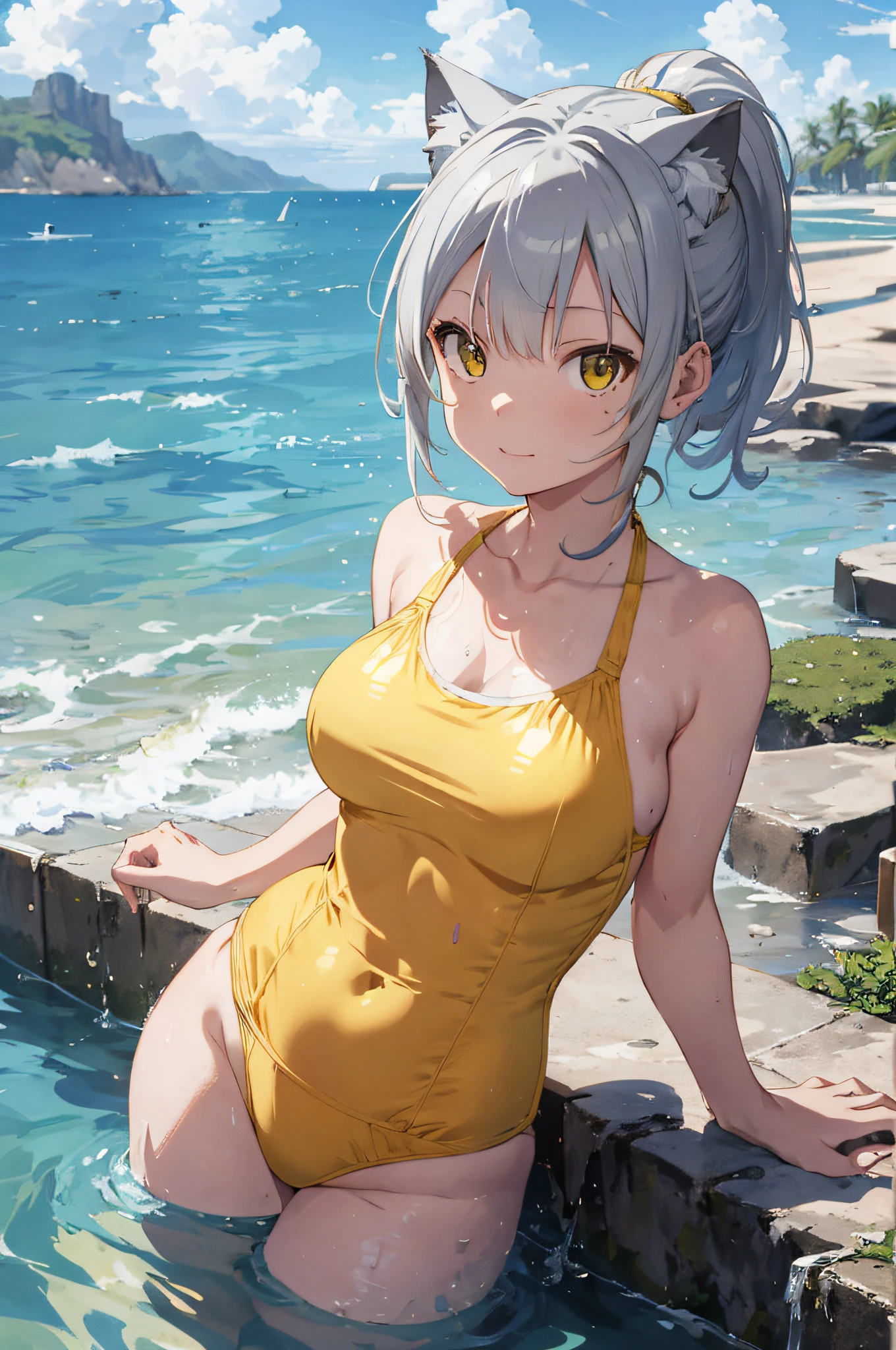 Beautiful, Masterpiece, Best Quality, Hiqcgbody, Anime, 1girl, Medium, Bikini, ((Yellow Swimsuit)), Portrait Shots, View View, Partially Submerged,Southern,Beachfront,((Silver)),(Cat Ears),Ponytail,Wet Skin, Intricate Details,>,(((Covered)