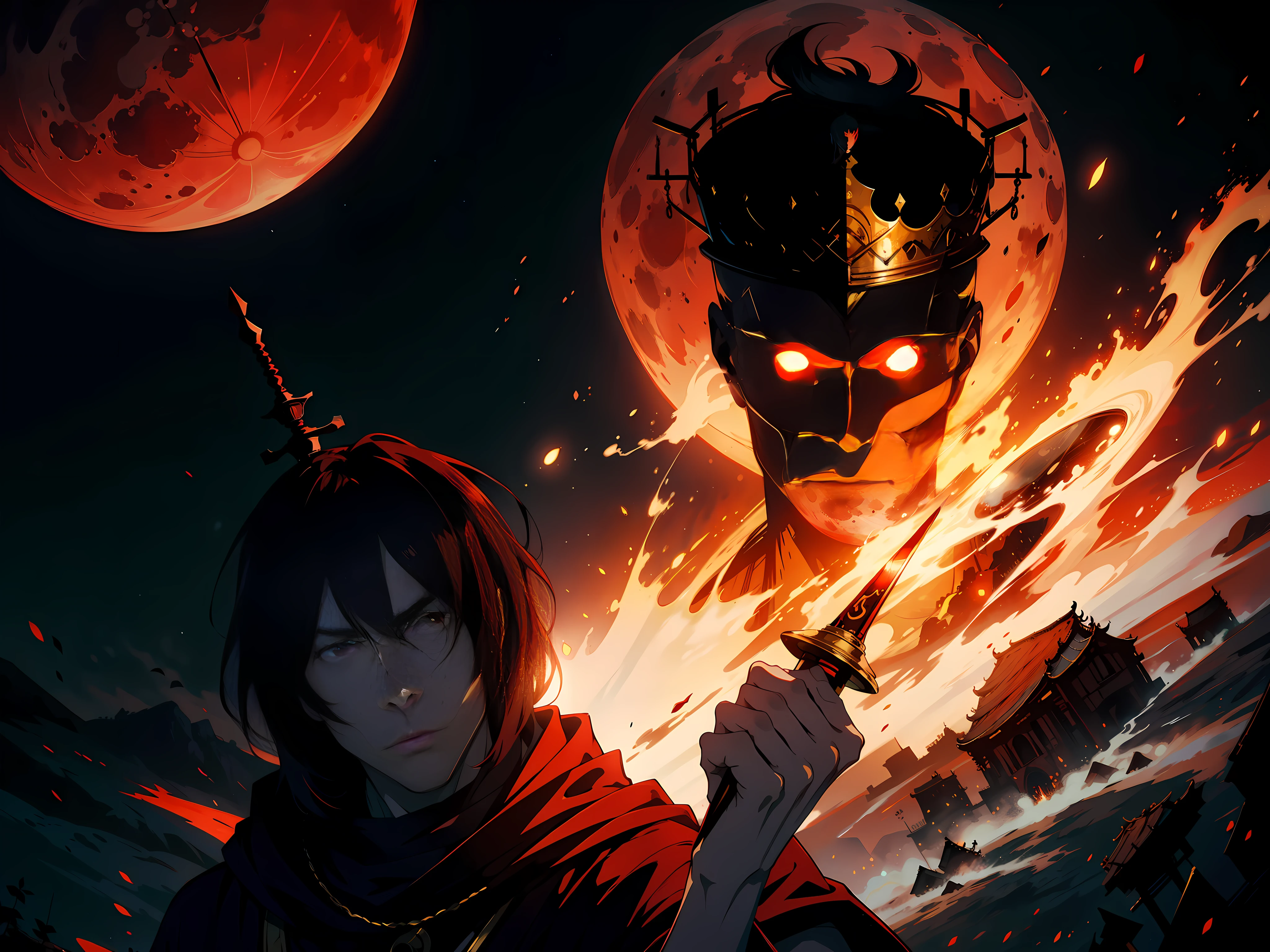 Huge red moon, dim city, a man, ten meters tall, wearing a crown on his head, holding a sword in his hand, domineering, mighty, surreal