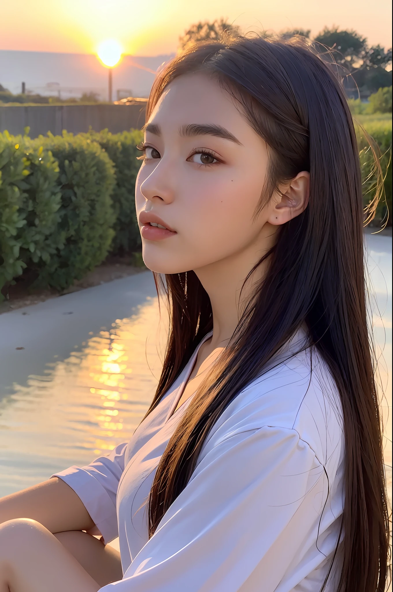 she has a cute face, 1girl, profile pic, soft devil queen madison beer, madison beer, 18 years old, 8k selfie photograph, background is heavenly, small breasts, sunset lighting,
