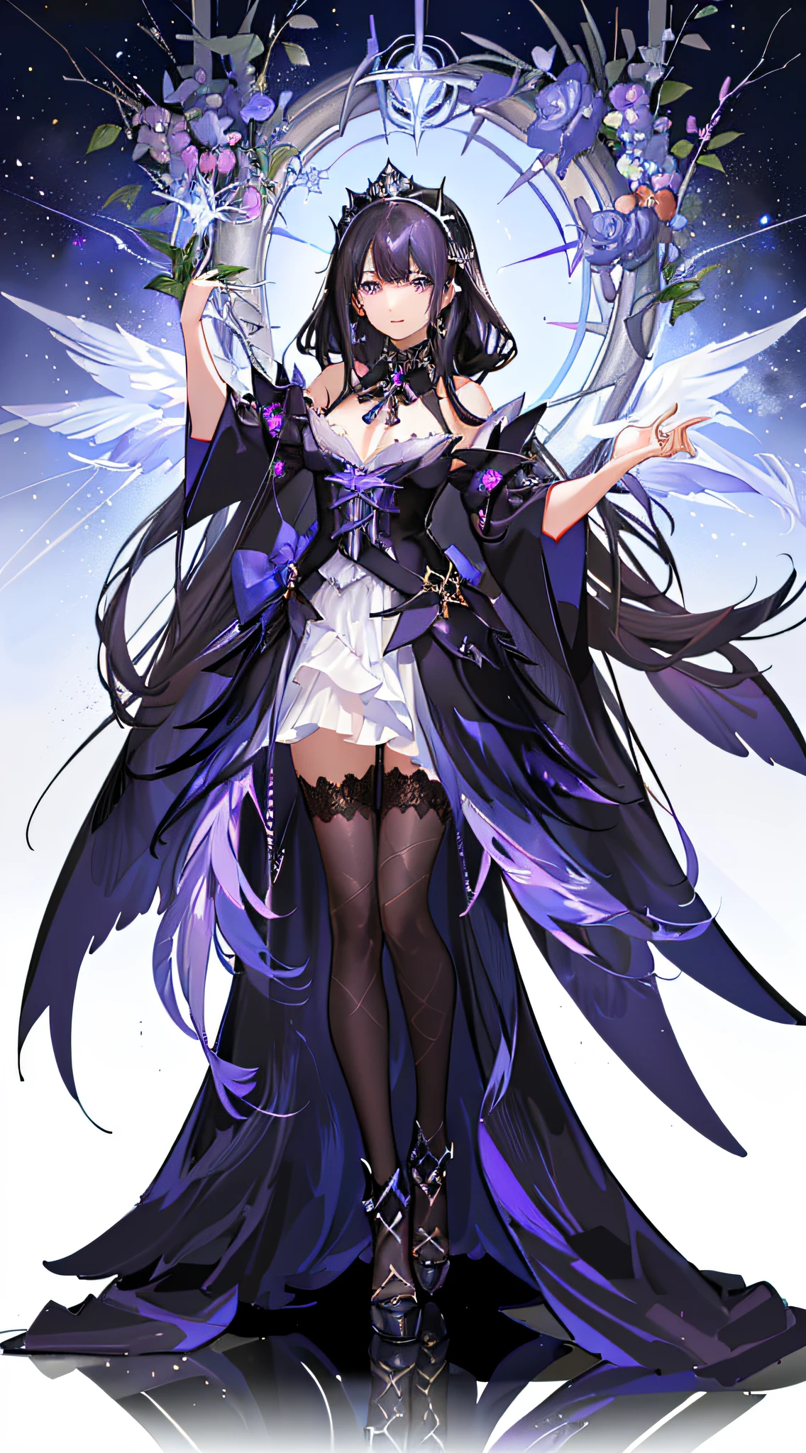 masterpiece, best quailty, ultra-detailed, cinematic lighting, 1girl, black flowing goddess robe with purple pattern, purple eyes, black hair, staff with crystal, full body, standing in the air, detailed beautiful face, detailed background