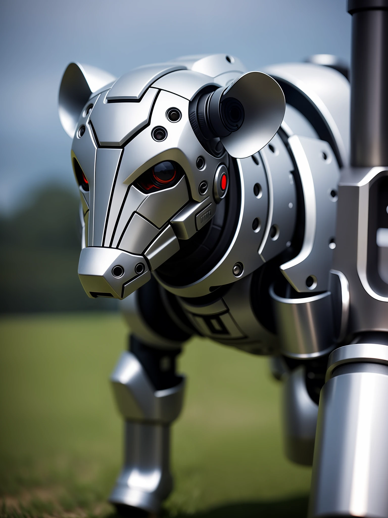 A cute calf in metal armor, (cyborg: 1.1), ([tail | detailed wire]:1.3), (complex detail), hdr, (hyperdetailed: 1.2), cinematic shot, vignette, centered