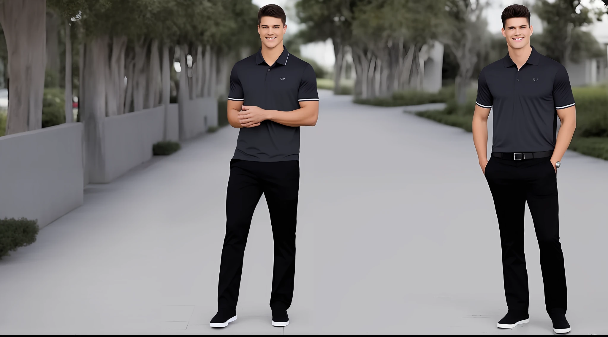 "Dark gray polo shirt with straight pants."