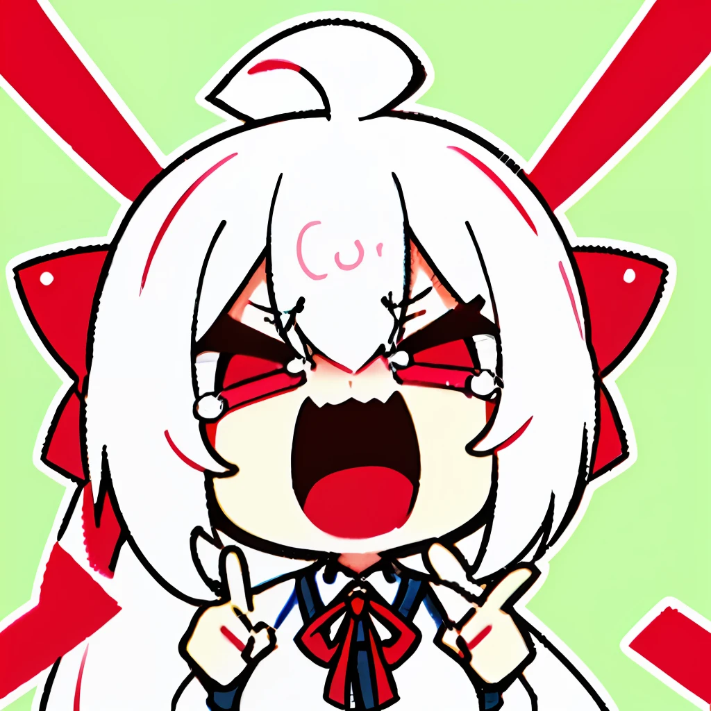 Anime girl with full white hair, long ponytail tied with red ribbon, ahoge, red eyes, >_ , evil laugh,laughting tears,(1 finger point top left of image:1.2),medium sized breasts,school uniform, back top uniform with red ribbon and white collar, face viewer,discord sticker,sticker,logo,minimalistic, (minimalistic: 1,5), show only head chest, chibi, (human:2,5),(green background:1,5),anime moe artstyle,4k,8k