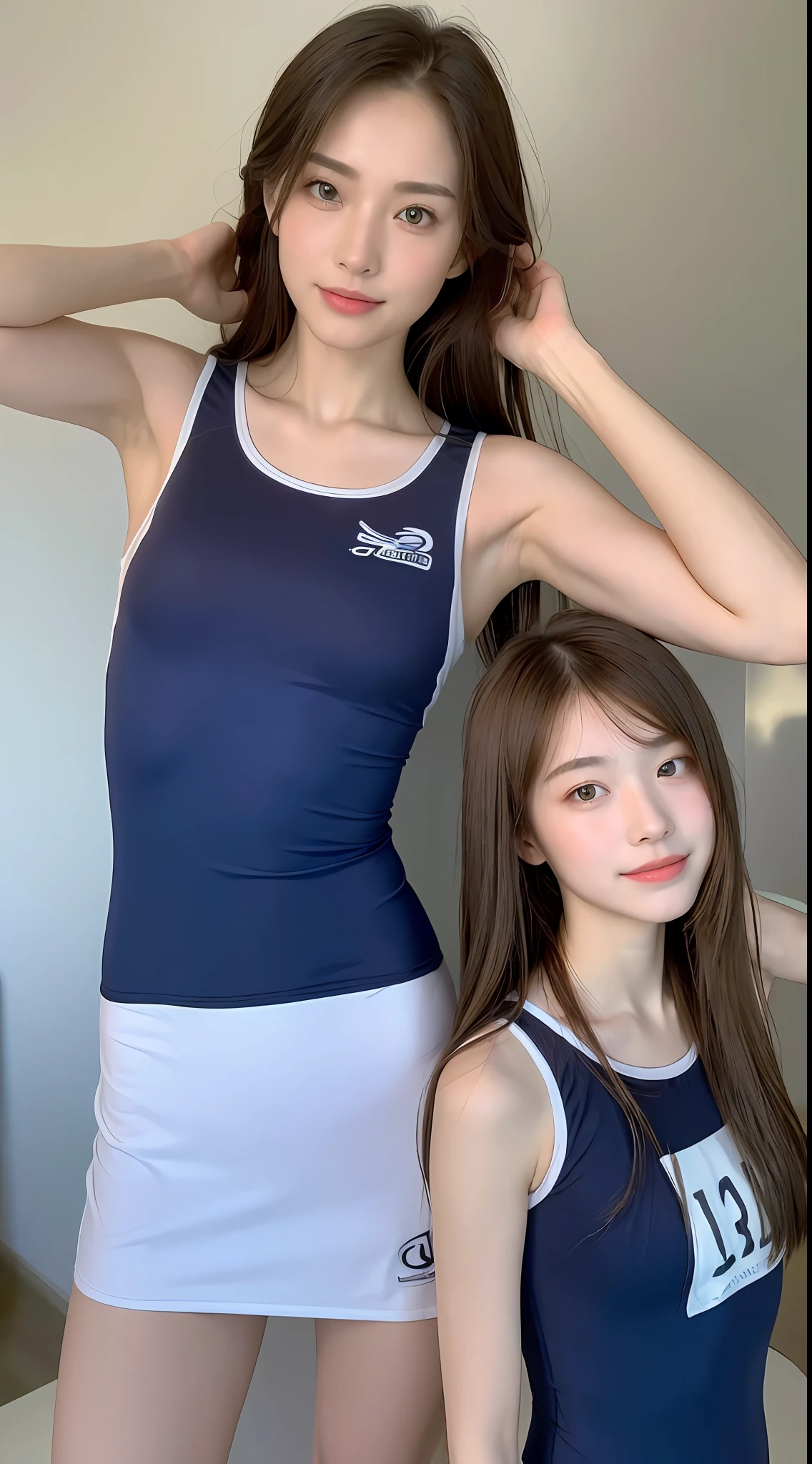 (Top Quality, 8k, Masterpiece: 1.3)), 1 Girl, Beautiful Women with Slender Abs: 1.3, (Long Hair, Big: 1.2), Oversized Tank Top: 1.2, Super Delicate Face, Delicate Eyes, Double Eyelids, Smile, Home, Random Color Clothes, (((School Swimsuit)))