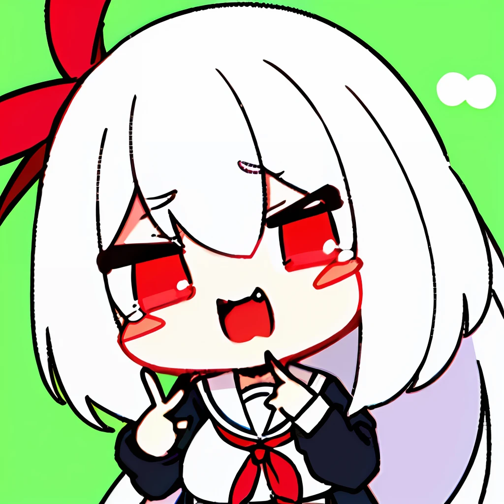 Anime girl with full white hair, long ponytail tied with red ribbon, ahoge, red eyes, >_ , evil laugh,laughting tears,(finger point at viewer:1.2),medium sized breasts,school uniform, back top uniform with red ribbon and white collar, face viewer,discord sticker,sticker,logo,minimalistic, (minimalistic: 1,5), show only head chest, chibi, (human:2,5),(green background:1,5),anime moe artstyle,4k,8k