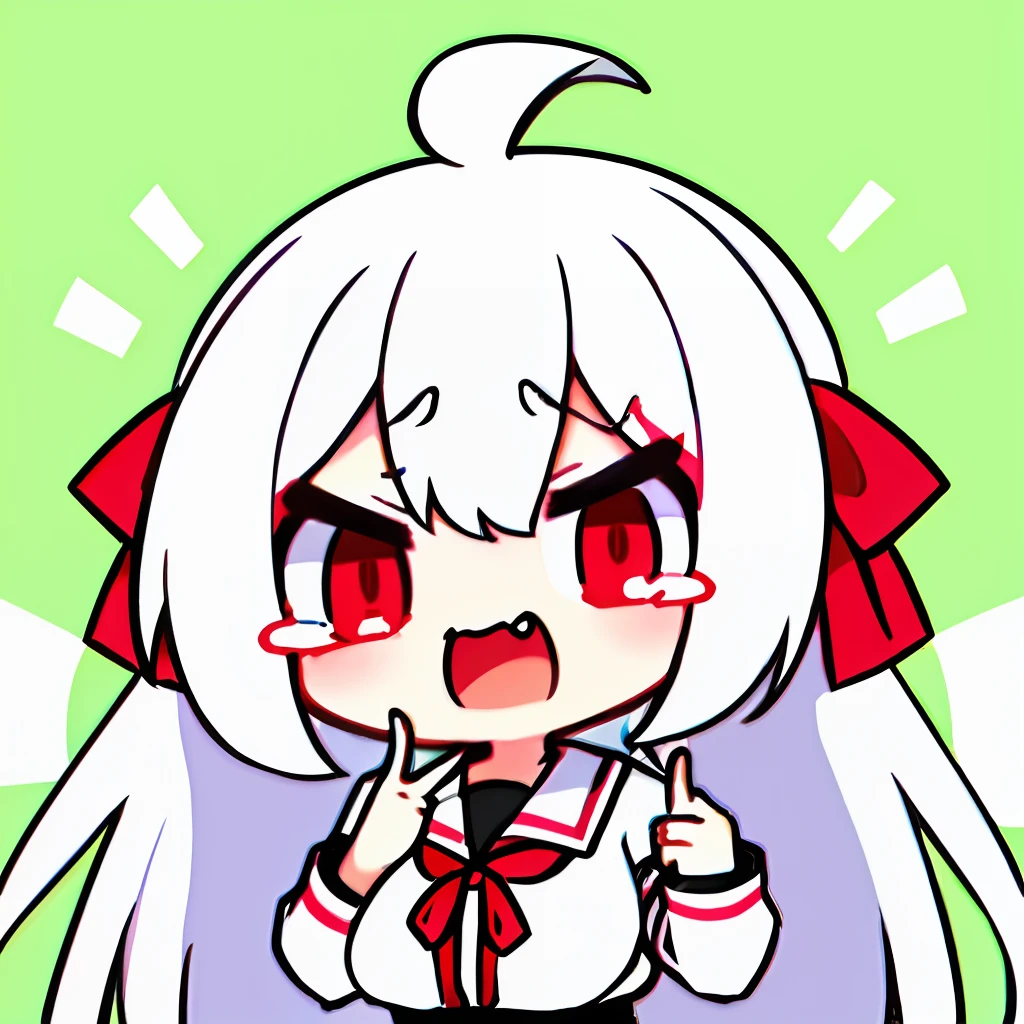 Anime girl with full white hair, long ponytail tied with red ribbon, ahoge, red eyes, >_ , evil laugh,laughting tears,(finger point at viewer:1.2),medium sized breasts,school uniform, back top uniform with red ribbon and white collar, face viewer,discord sticker,sticker,logo,minimalistic, (minimalistic: 1,5), show only head chest, chibi, (human:2,5),(green background:1,5),anime moe artstyle,4k,8k