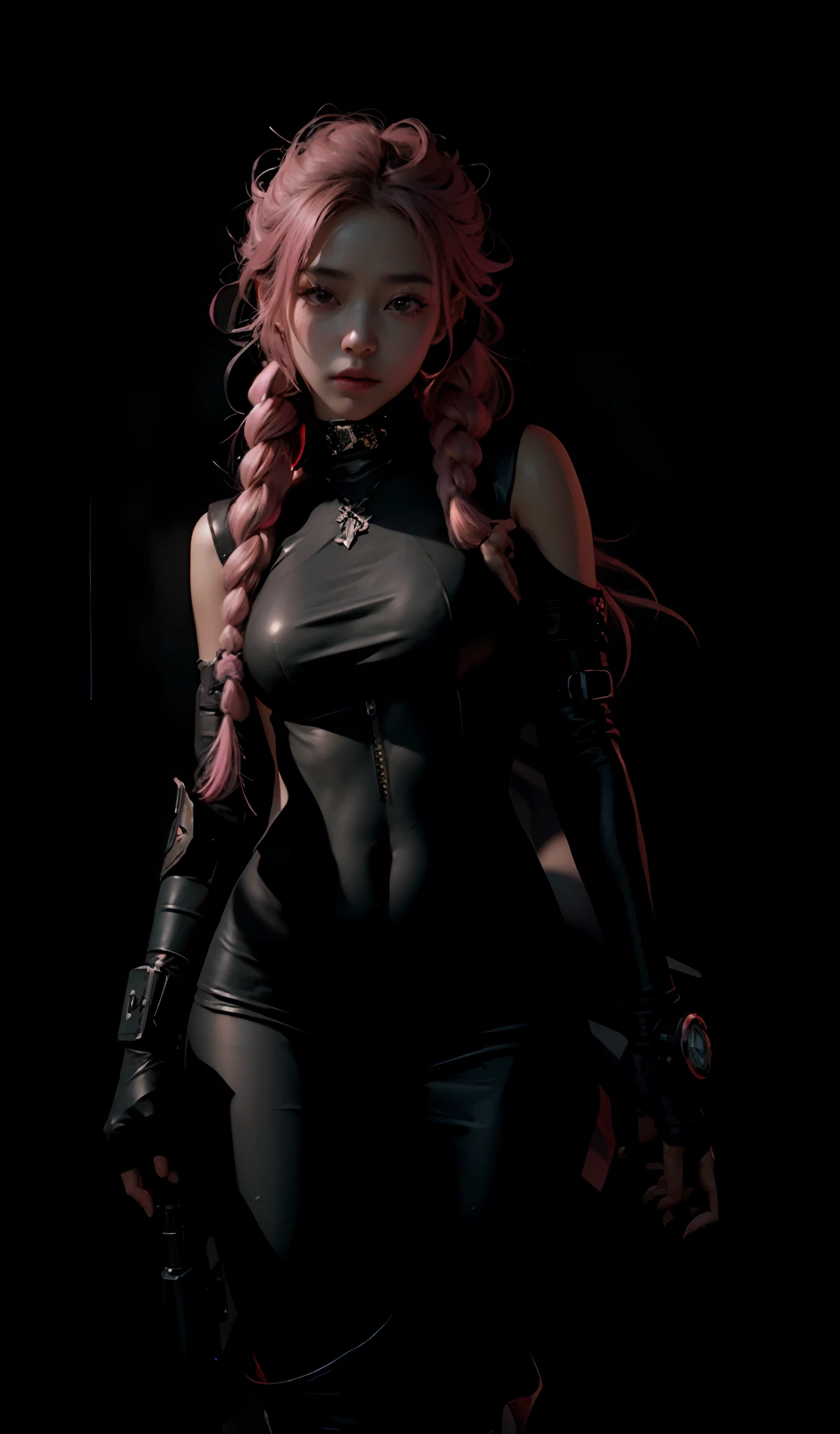 ((Best quality)), ((masterpiece)), (detailed:1.4), an image of a beautiful cyberpunk black female with pink braids on head,HDR (High Dynamic Range),Ray Tracing,NVIDIA RTX,Super-Resolution,Unreal 5,Subsurface scattering,PBR Texturing,Post-processing,Anisotropic Filtering,Depth-of-field,Maximum clarity and sharpness,Multi-layered textures,Albedo and Specular maps,Surface shading,Accurate simulation of light-material interaction,Perfect proportions,Octane Render,Two-tone lighting,Wide aperture,Low ISO,White balance,Rule of thirds,8K RAW, anime - style woman in a pink outfit with a gun, cyborg merchant girl,