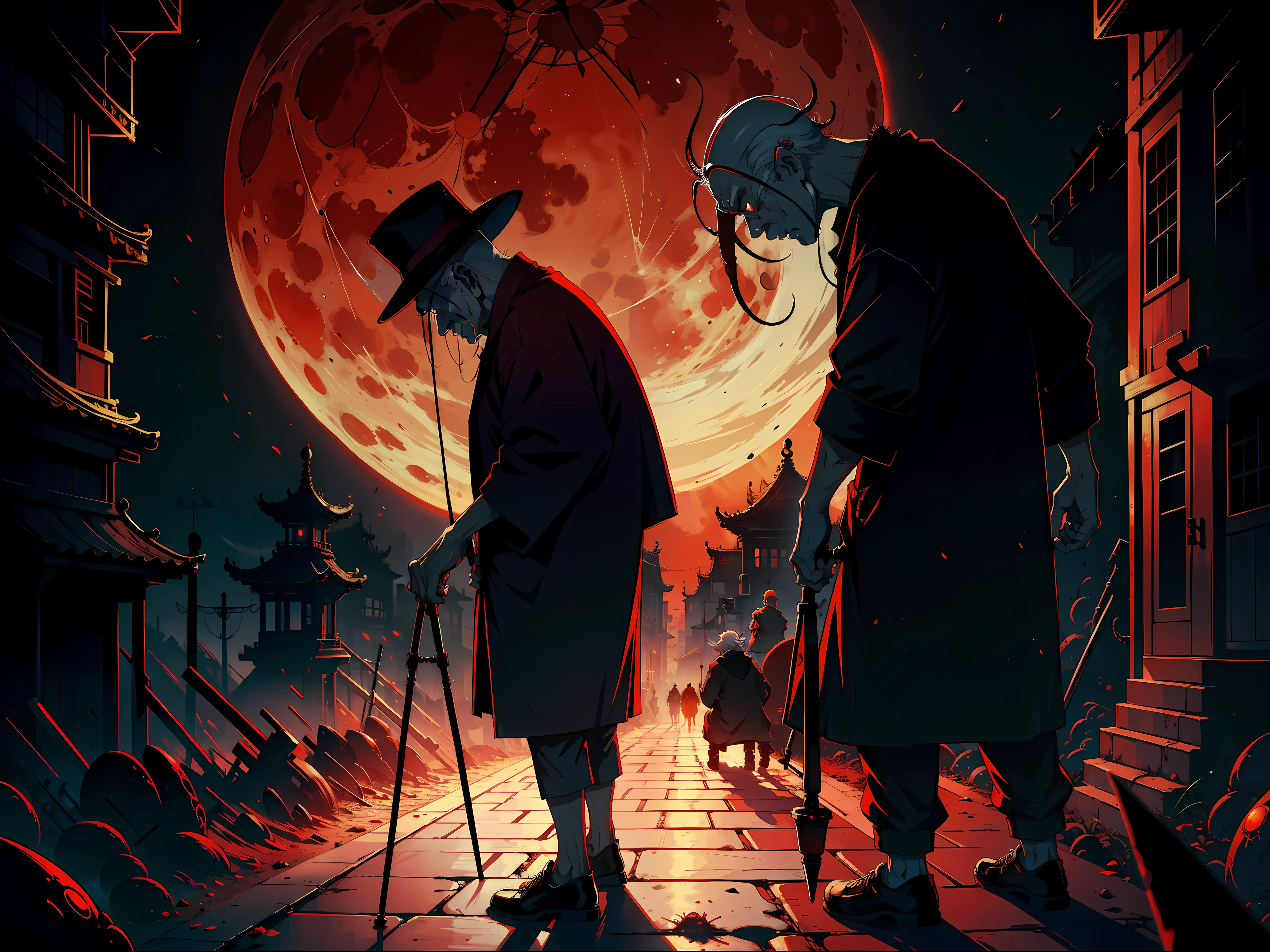 Huge red moon, dim city, an elderly man, pestle on crutches, hands turned into tentacles, pain, spikes growing on his back, surrealism