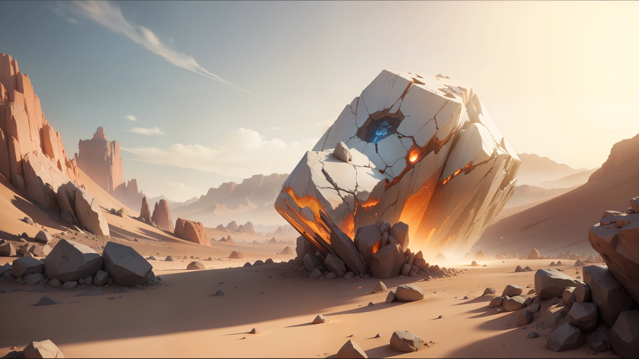 there is a large rock in the middle of a desert, trend on behance 3d art, shattered sky cinematic, polyhedral, chrome art, by Gerard Houckgeest, anamorphic widescreen, mars energy, featured on behance, by Niklaus Manuel, by Jacob Koninck, 16k render, hades supergiant --auto --s2