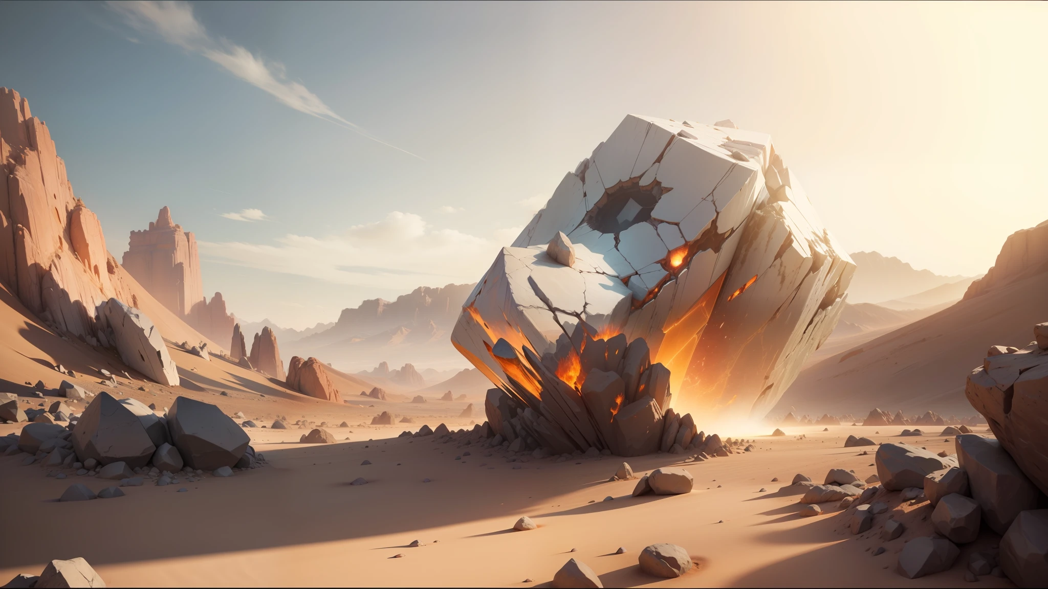 there is a large rock in the middle of a desert, trend on behance 3d art, shattered sky cinematic, polyhedral, chrome art, by Gerard Houckgeest, anamorphic widescreen, mars energy, featured on behance, by Niklaus Manuel, by Jacob Koninck, 16k render, hades supergiant --auto --s2