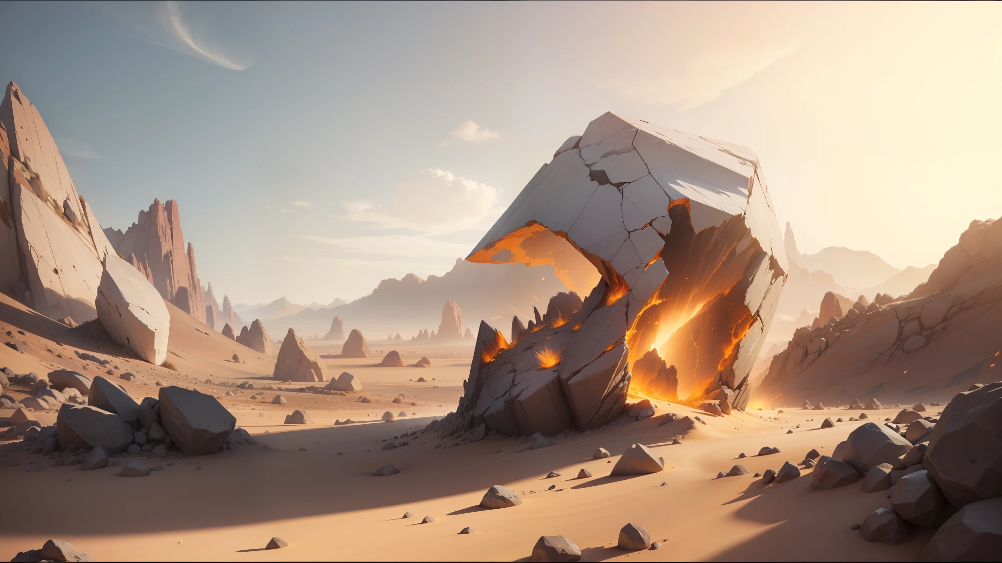 there is a large rock in the middle of a desert, trend on behance 3d art, shattered sky cinematic, polyhedral, chrome art, by Gerard Houckgeest, anamorphic widescreen, mars energy, featured on behance, by Niklaus Manuel, by Jacob Koninck, 16k render, hades supergiant --auto --s2