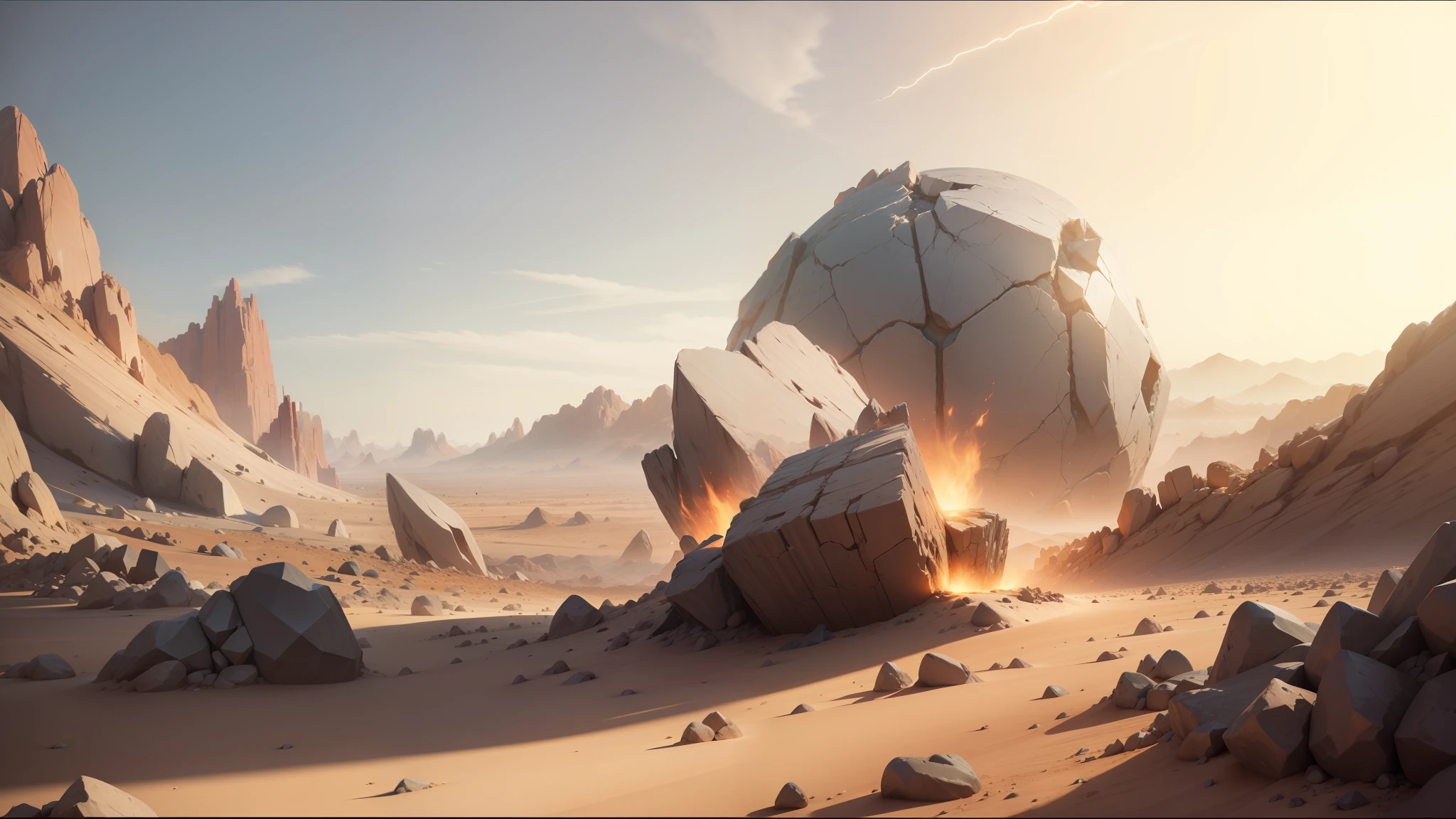 there is a large rock in the middle of a desert, trend on behance 3d art, shattered sky cinematic, polyhedral, chrome art, by Gerard Houckgeest, anamorphic widescreen, mars energy, featured on behance, by Niklaus Manuel, by Jacob Koninck, 16k render, hades supergiant --auto --s2