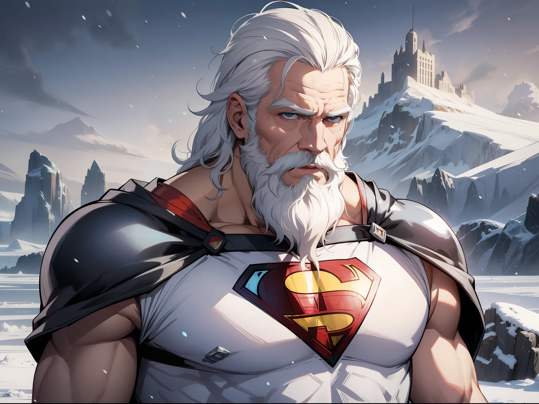 1 Superman Elderly, Muscular, Defined, White Haired, Henry Cavill, White Beard, Fortress of Solitude, 4K Detailed, Antarctic, Masculous, Anatomy Defined, Downcast, Sad, Lonely, Snowing