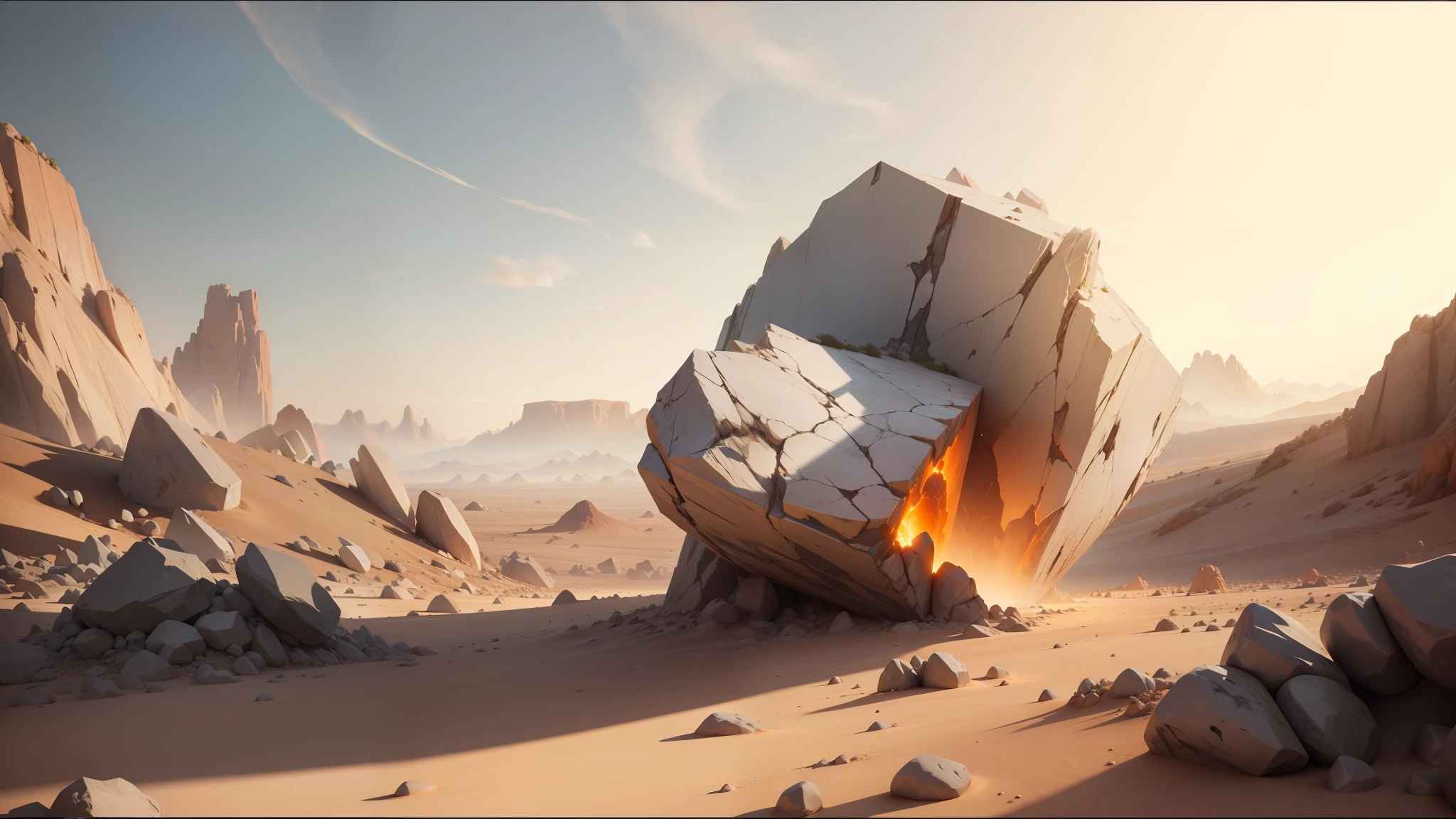 there is a large rock in the middle of a desert, trend on behance 3d art, shattered sky cinematic, polyhedral, chrome art, by Gerard Houckgeest, anamorphic widescreen, mars energy, featured on behance, by Niklaus Manuel, by Jacob Koninck, 16k render, hades supergiant --auto --s2