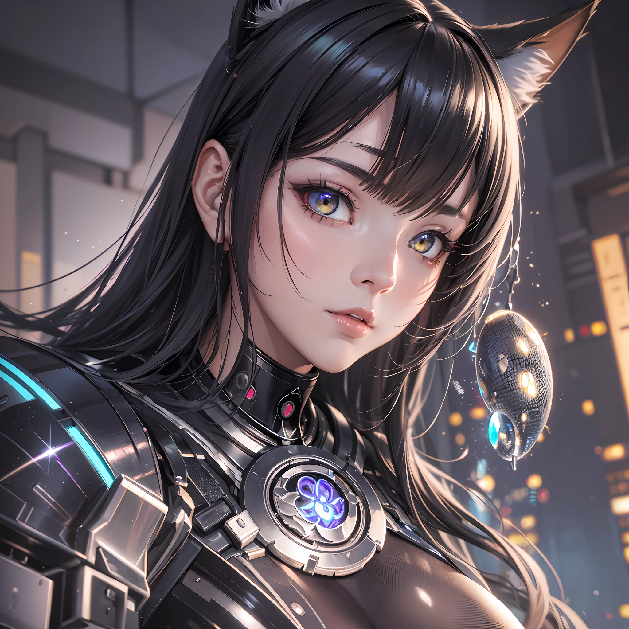 a beautiful portrait of an asian cyberpunk Nekomata catgirl, asian eyes, cat ears, perfect female anatomy, beautiful and elegant, black organic shaped lacework ceramic cyberpunk armor, painted by Sakimichan, H.R. Giger, Luis Royo, Alphonse Mucha, artgerm + hyper details + concept futuristic style + cinematic lights + photo bashing + epic cinematic + octane render + extremely high detail + legendary aesthetic + realism + hyper details + depth of field + cinematic lighting + sharp focus + denoise + octane render + arnold render + vfx + post processing + 8k --auto --s2