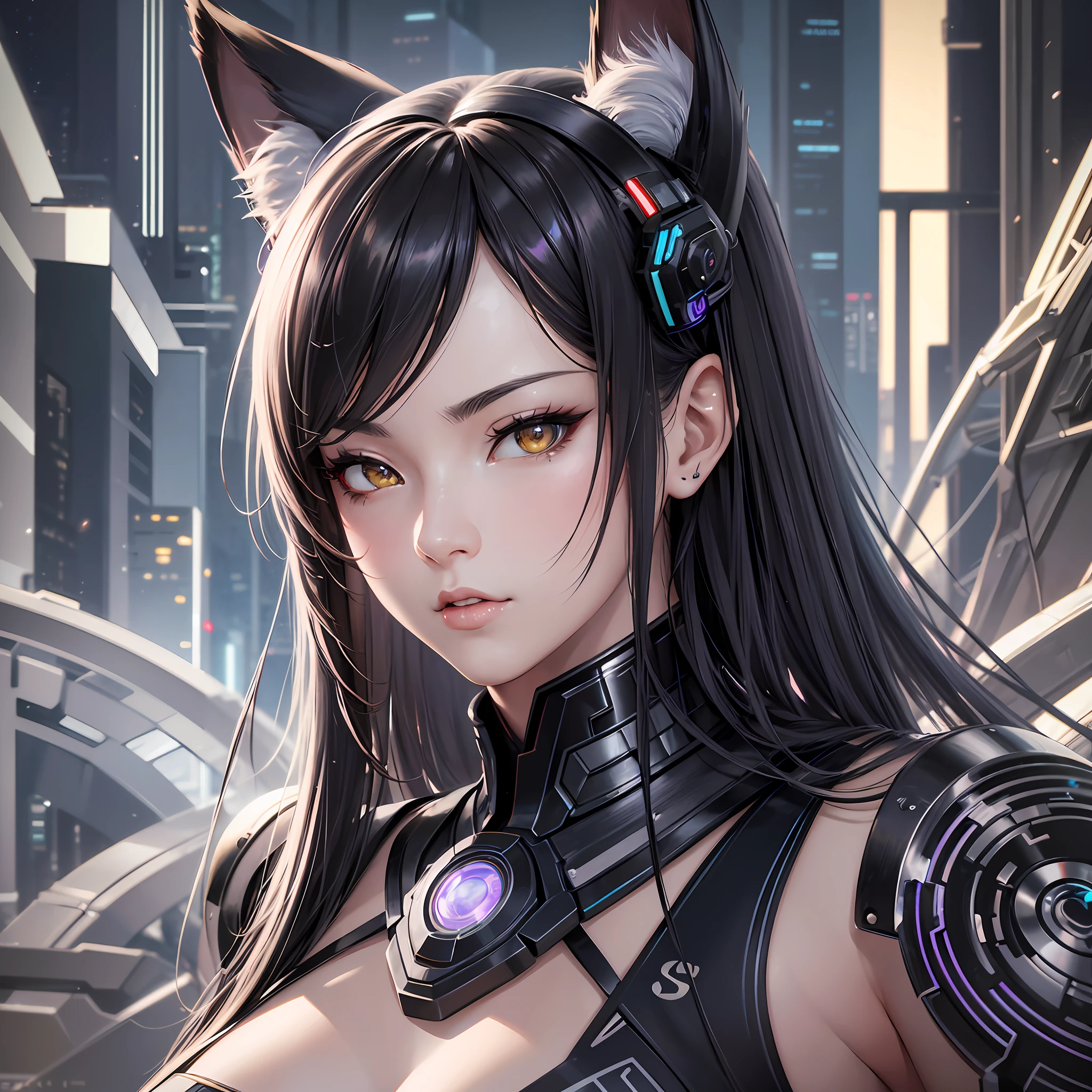 a beautiful portrait of an asian cyberpunk Nekomata catgirl, asian eyes, cat ears, perfect female anatomy, beautiful and elegant, black organic shaped lacework ceramic cyberpunk armor, painted by Sakimichan, H.R. Giger, Luis Royo, Alphonse Mucha, artgerm + hyper details + concept futuristic style + cinematic lights + photo bashing + epic cinematic + octane render + extremely high detail + legendary aesthetic + realism + hyper details + depth of field + cinematic lighting + sharp focus + denoise + octane render + arnold render + vfx + post processing + 8k --auto --s2