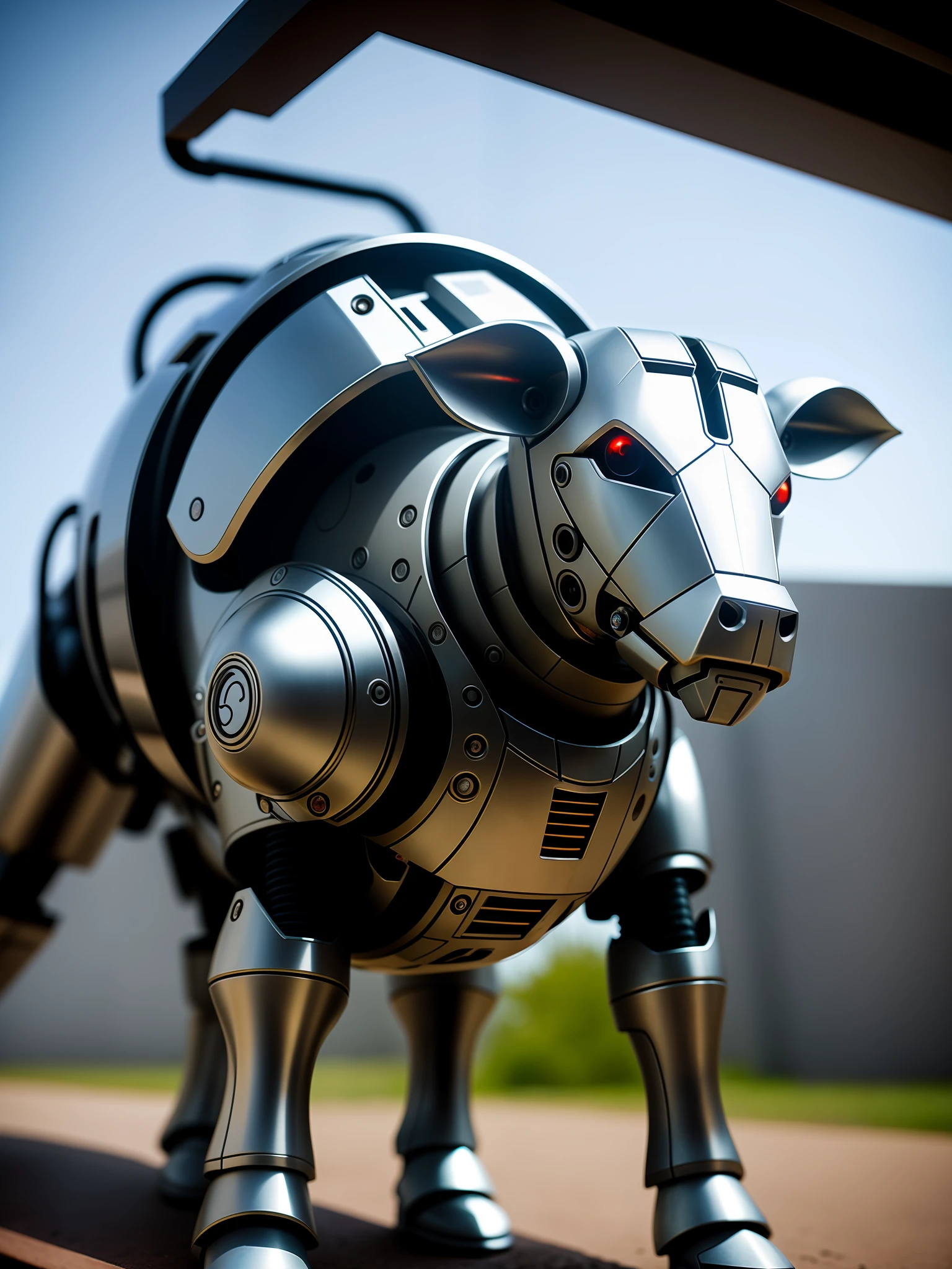 A cute calf in metal armor, (cyborg: 1.1), ([tail | detailed wire]:1.3), (complex detail), hdr, (hyperdetailed: 1.2), cinematic shot, vignette, centered