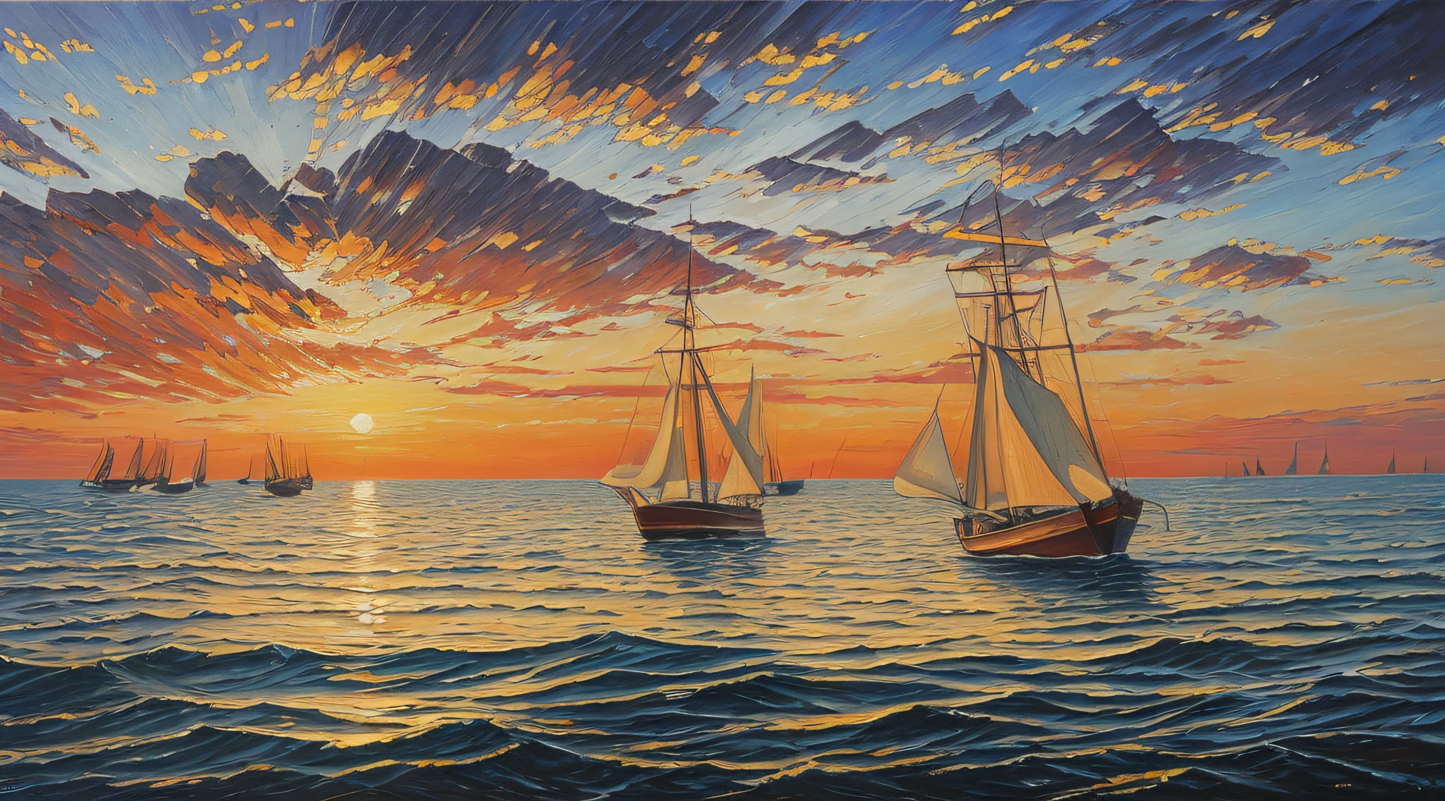 oil painting of 3 boats at sea, style of oil painting, high detail, clear lines, hand drawn, painter, harmonious light, sunset, panorama, focus on character --auto --s2
