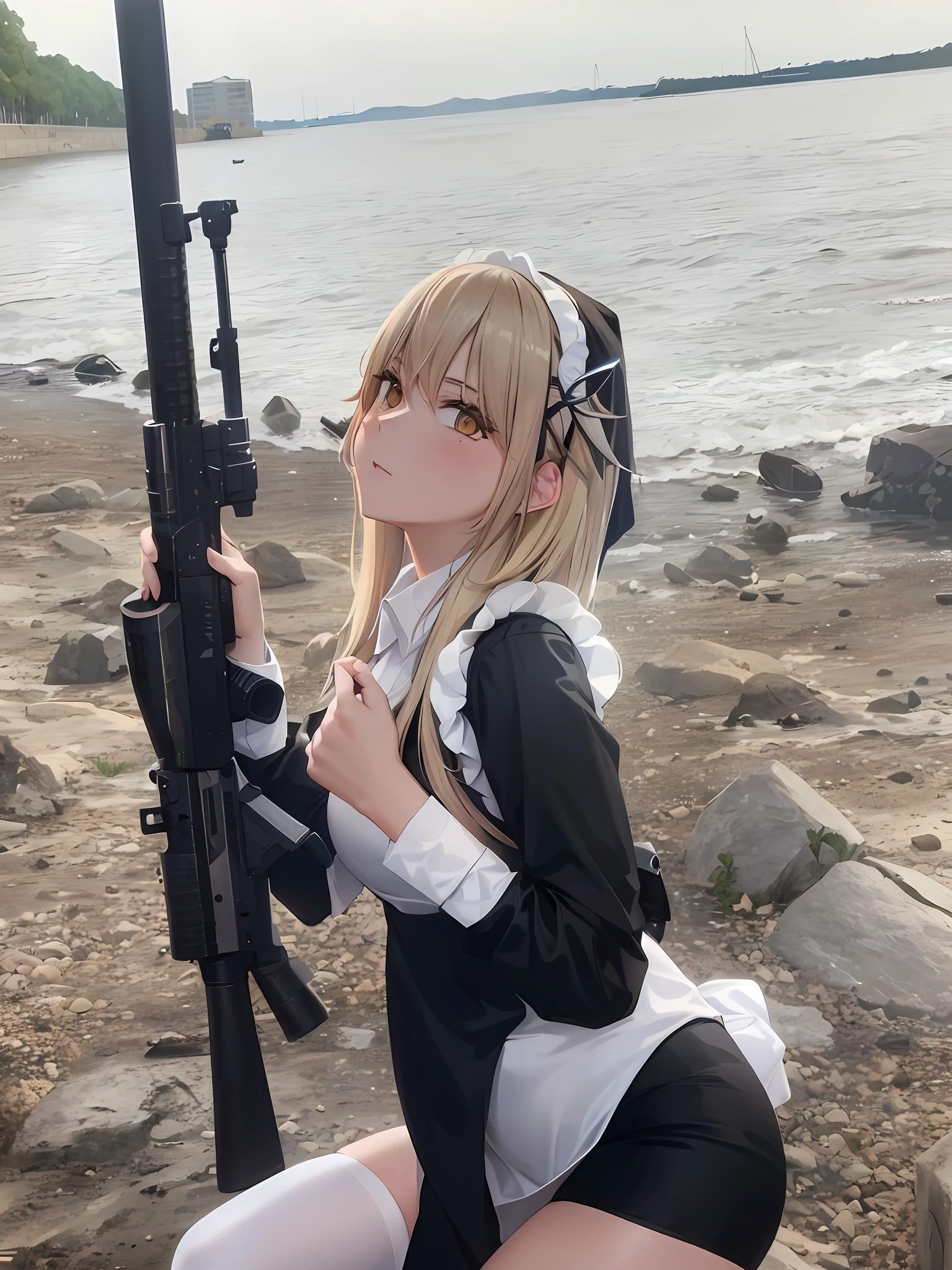 Blonde woman holding gun in black and white costume, M4 Sopmod II Girl Front, Girl Roleplay with Rifle, Misa Aman *, Mesa Aman , Anime Girl RPG, Girl Frontline Style, From Girl Front, ((Misa Aman #)), Anime RPG, Anime Maid SS Military, RPG, Cat Boy RPG! Maid! Dress, real, fine face, light and shadow, cinematic texture, gaze viewer, masterpiece, real face