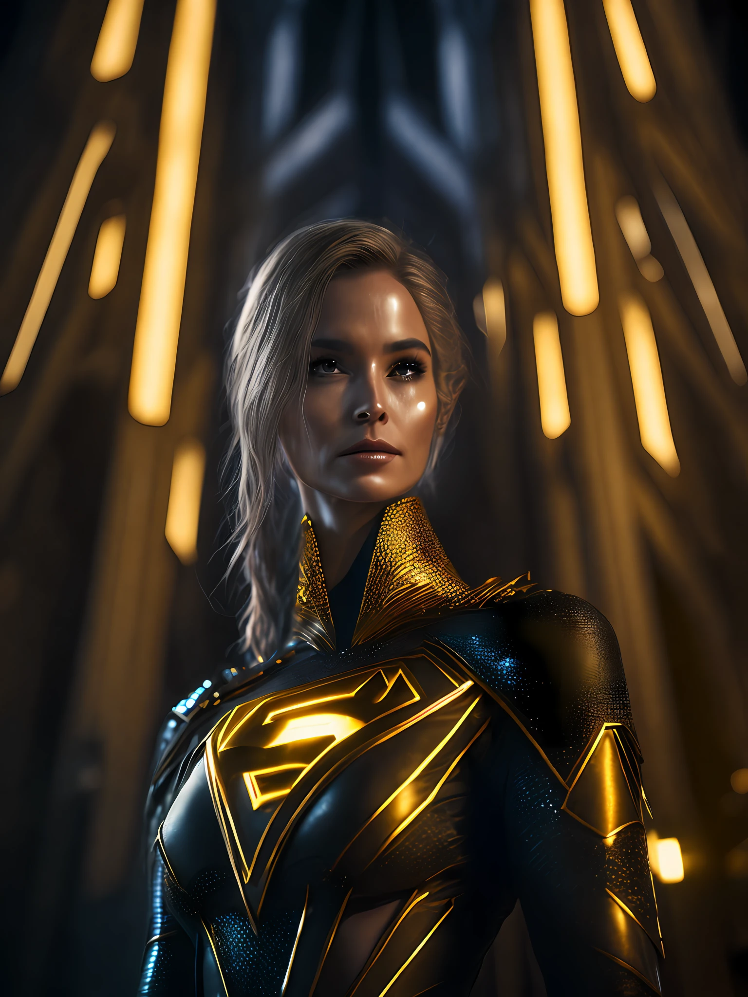 dark portrait of Gold Supergirl from DC Comics with intricate angular cybernetic implants inside a brutalist building, gothic brutalist cathedral, cyberpunk, award-winning photo, bokeh, neon lights, cybernetic limb