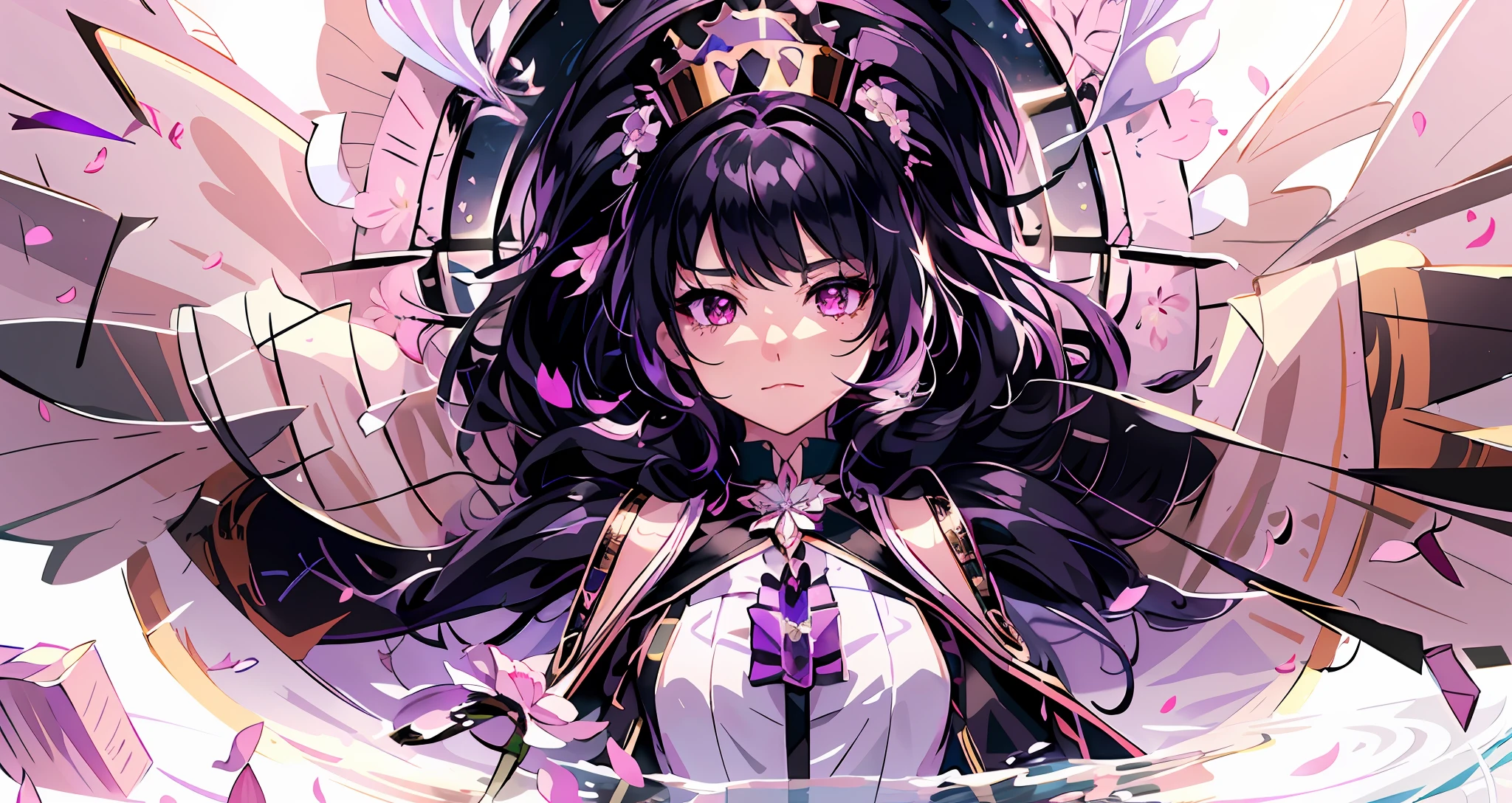 chibi,(extremely detailed CG unity 8k wallpaper),(masterpiece),(best quality),(ultra-detailed),(best illustration),(best shadow),(an extremely delicate and beautiful),dynamic angle,floating,finely detail,(bloom),(shine),glinting stars,classic,(painting),(sketch),a girl,(((dragon girl))),dragon horn,vertical pupil,solo,bare shoulders,medium_chest,diamond and glaring eyes,beautiful detailed joyful face,very long  black and purple hair,floating black feathers,wavy hair,long and high ponytail,extremely delicate and beautiful girls,beautiful detailed eyes,pink eyes,glowing eyes,sparkles,((petals)),dragon background,(((water))),glass fragments,white background