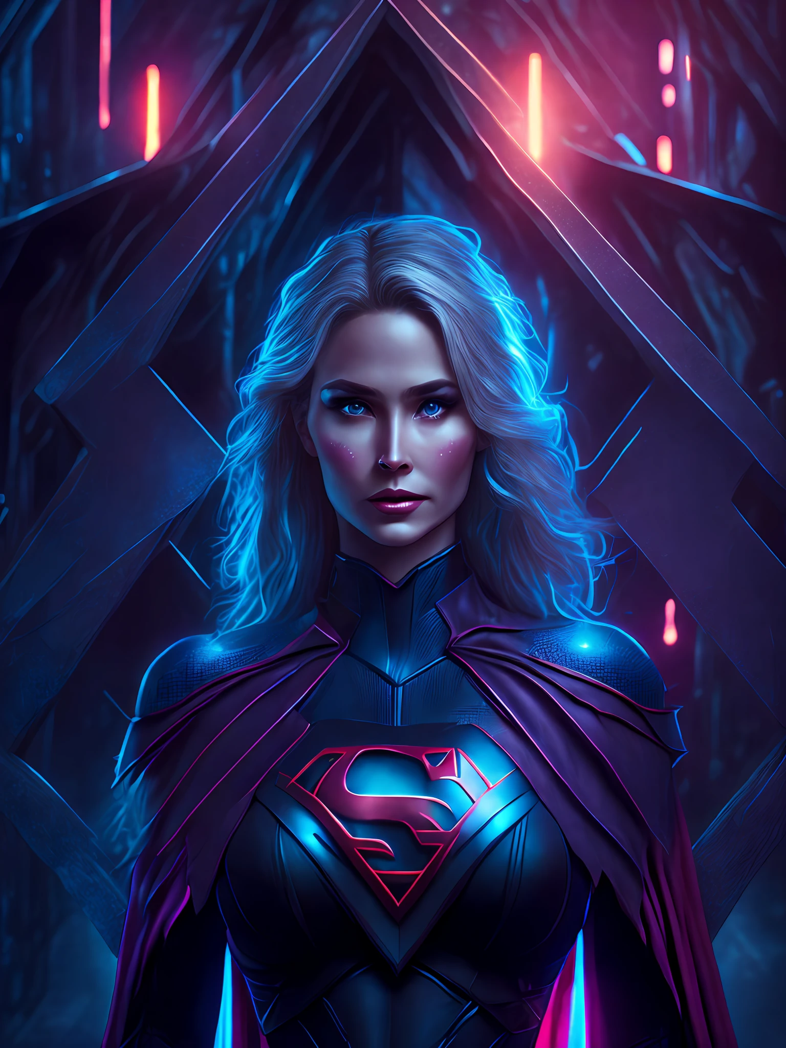 dark portrait of Supergirl from DC Comics, big breasts, with intricate angular cybernetic implants inside a brutalist building, gothic brutalist cathedral, cyberpunk, award-winning photo, bokeh, neon lights, cybernetic limb