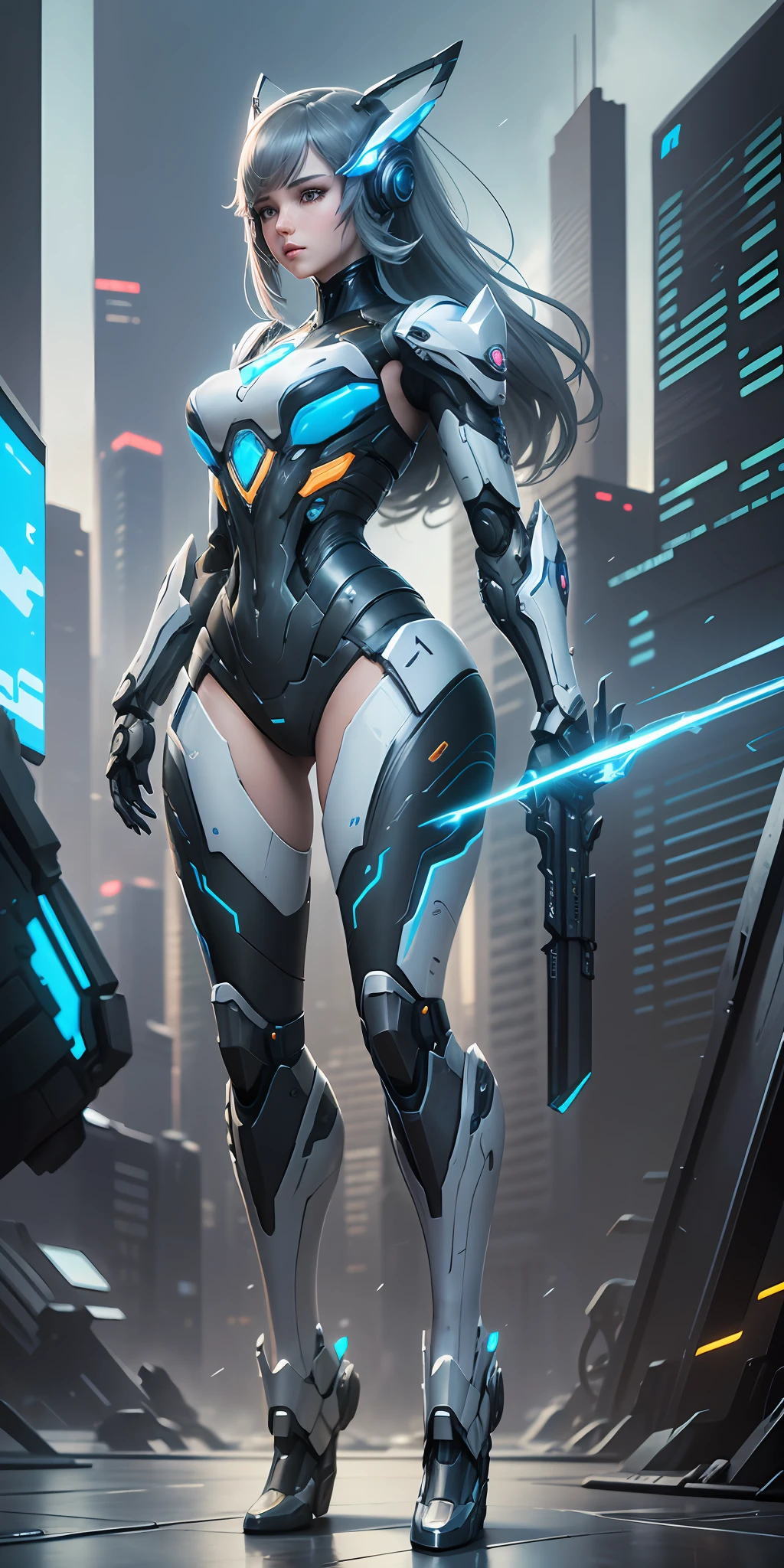 Complex 3d rendering very detailed beautiful ceramic silhouette female robot full body, holding weapons, robots, robot parts, highlighting mechanical world, wide angle lens, cyberpunk art style, royal sister, dynamic eyes, sad eyes, mechanical arm, battleship far, sci-fi, sky lightning and thunder, mechanical warframe detailed portrayal, cyberpunk style city, delicate girl face meticulously portrayed face, flowing long hair fluttering in the air, white warframe, blue light effect, futuristic battlefield, Mars ground, mecha tank, sci-fi sense --auto --s2