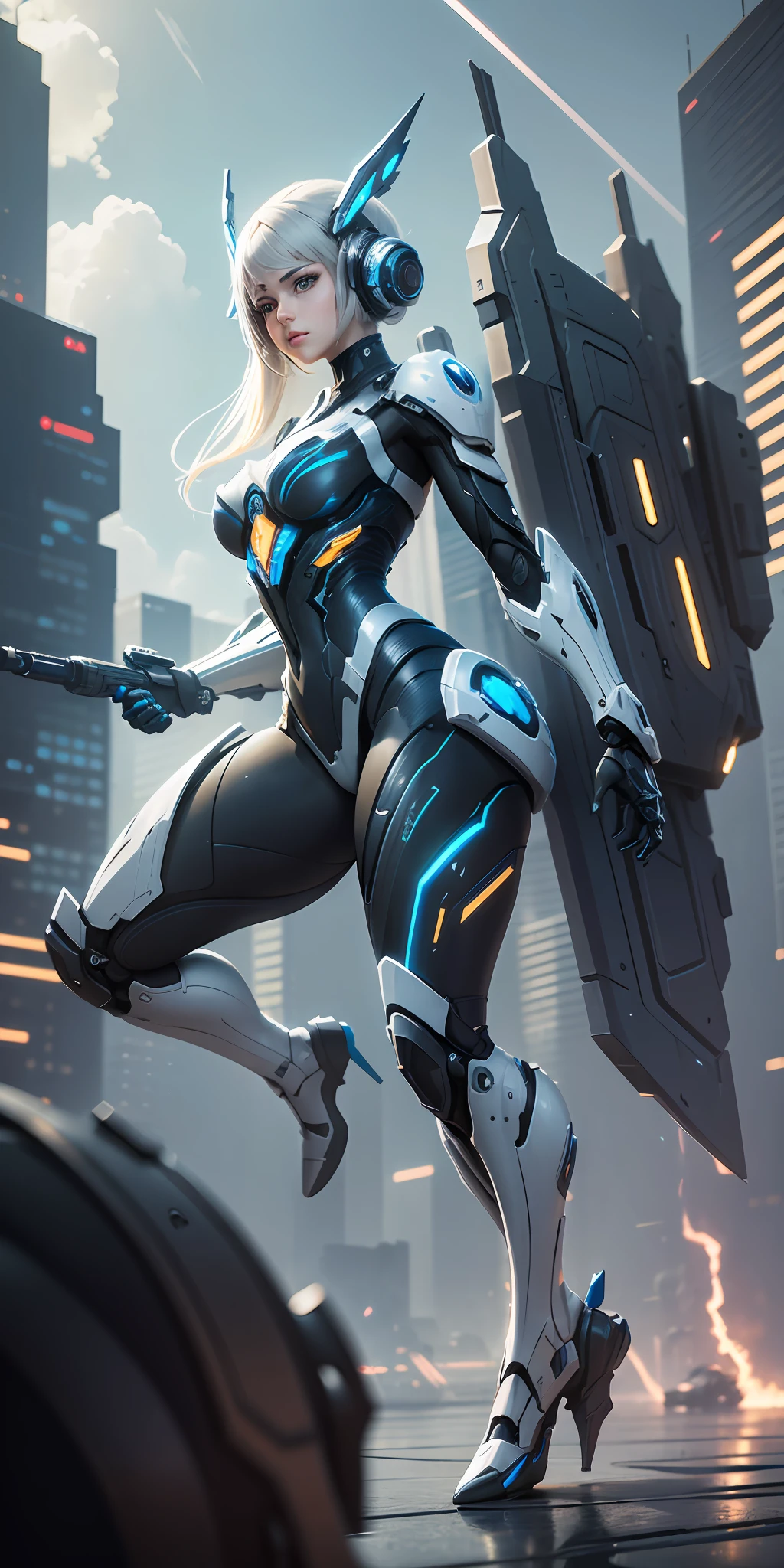 Complex 3d rendering very detailed beautiful ceramic silhouette female robot full body, holding weapons, robots, robot parts, highlighting mechanical world, wide angle lens, cyberpunk art style, royal sister, dynamic eyes, sad eyes, mechanical arm, battleship far, sci-fi, sky lightning and thunder, mechanical warframe detailed portrayal, cyberpunk style city, delicate girl face meticulously portrayed face, flowing long hair fluttering in the air, white warframe, blue light effect, futuristic battlefield, Mars ground, mecha tank, sci-fi sense --auto --s2